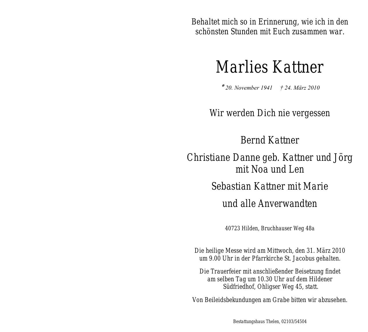 Traueranzeige von Marlies Kattner