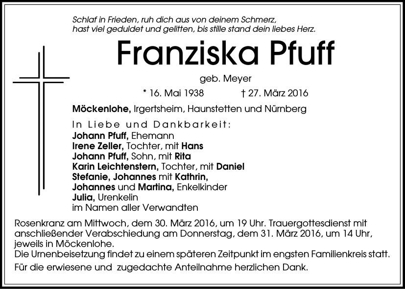 Traueranzeige von Franziska Pfuff