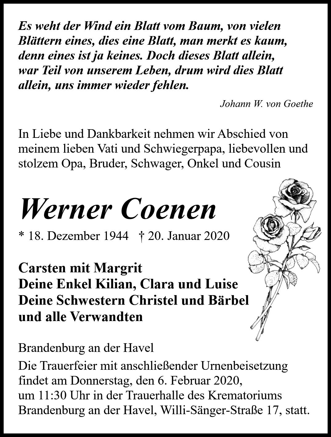 Traueranzeige von Werner Coenen