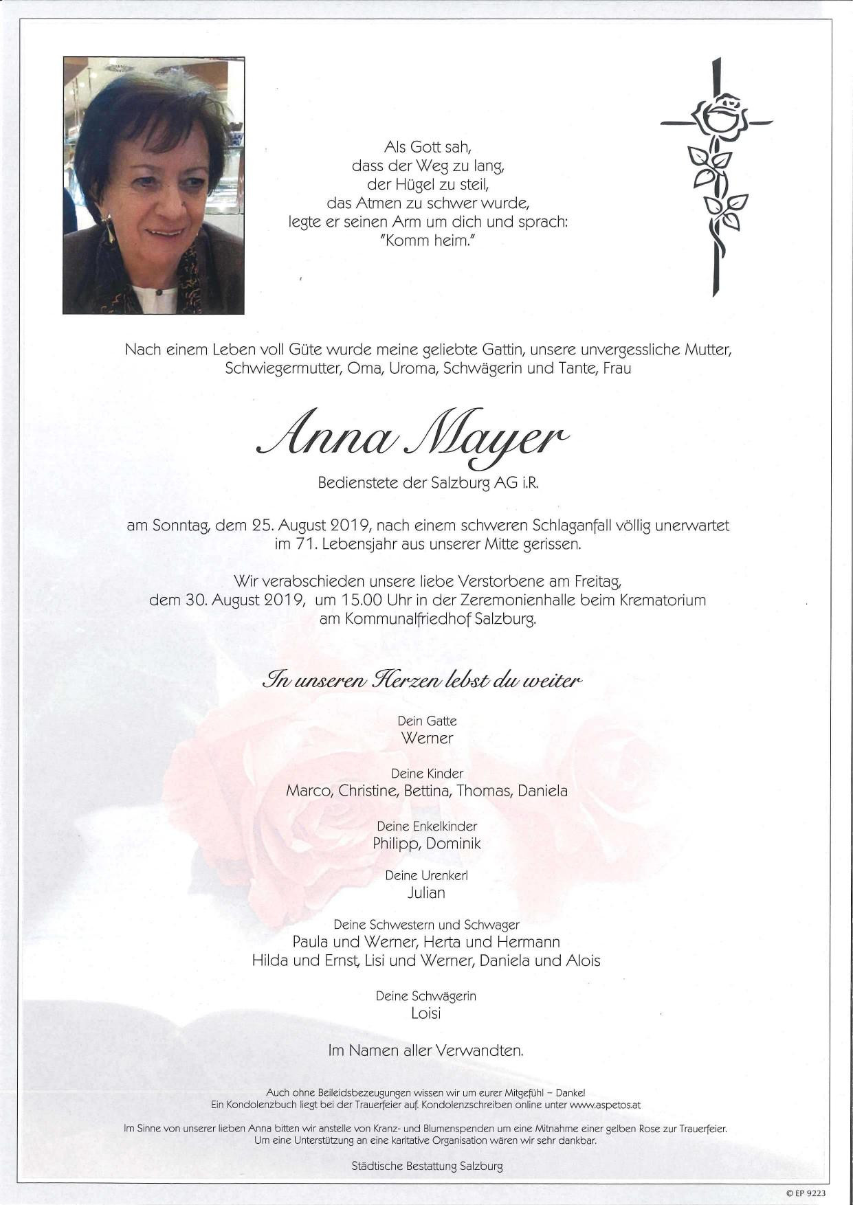 Traueranzeige von Anna Mayer