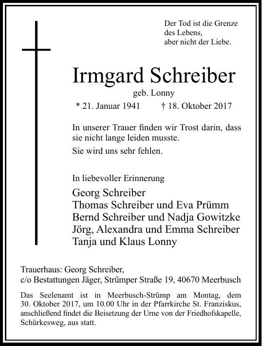 Traueranzeige von Irmgard Schreiber