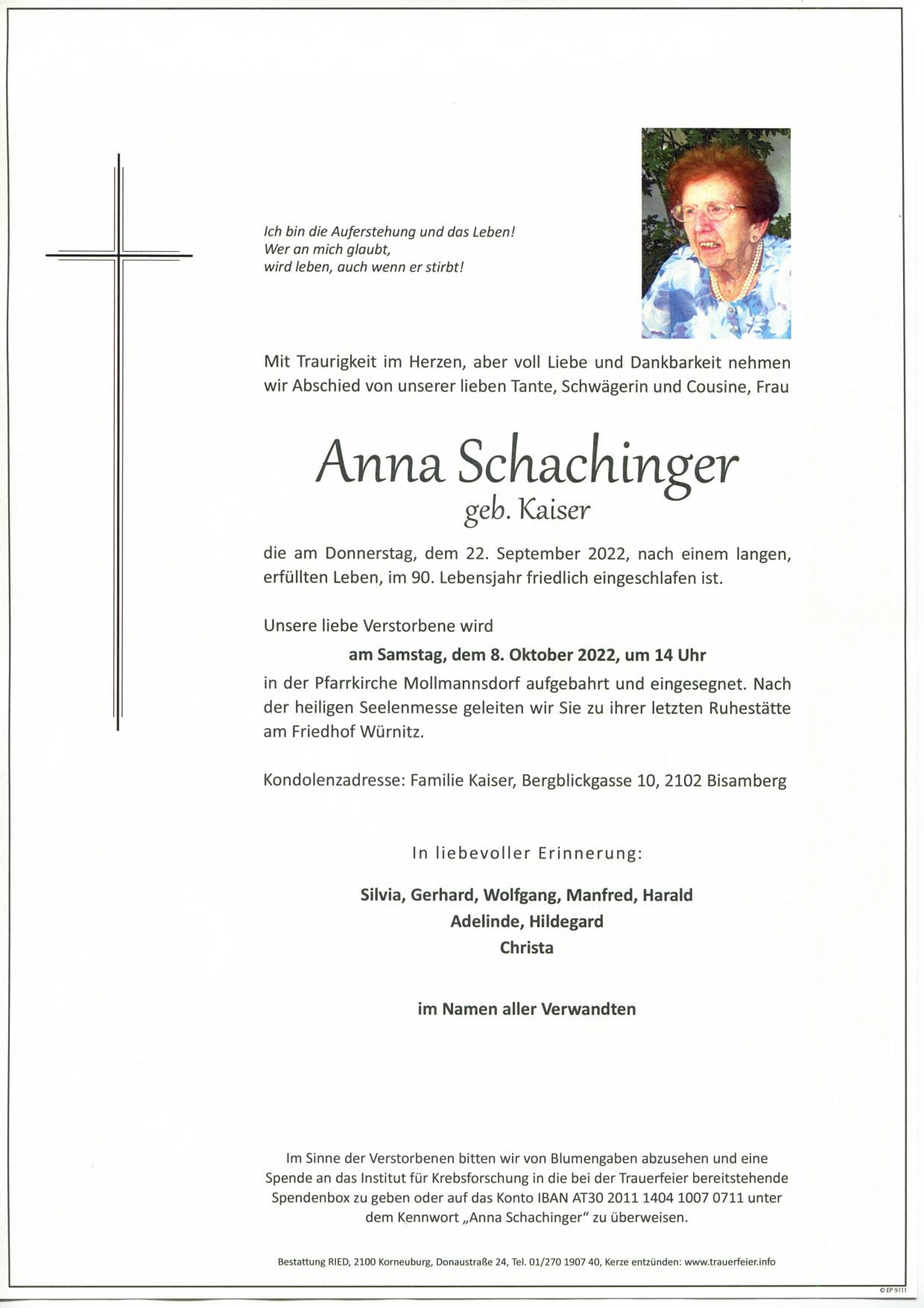 Traueranzeige von Anna Schachinger