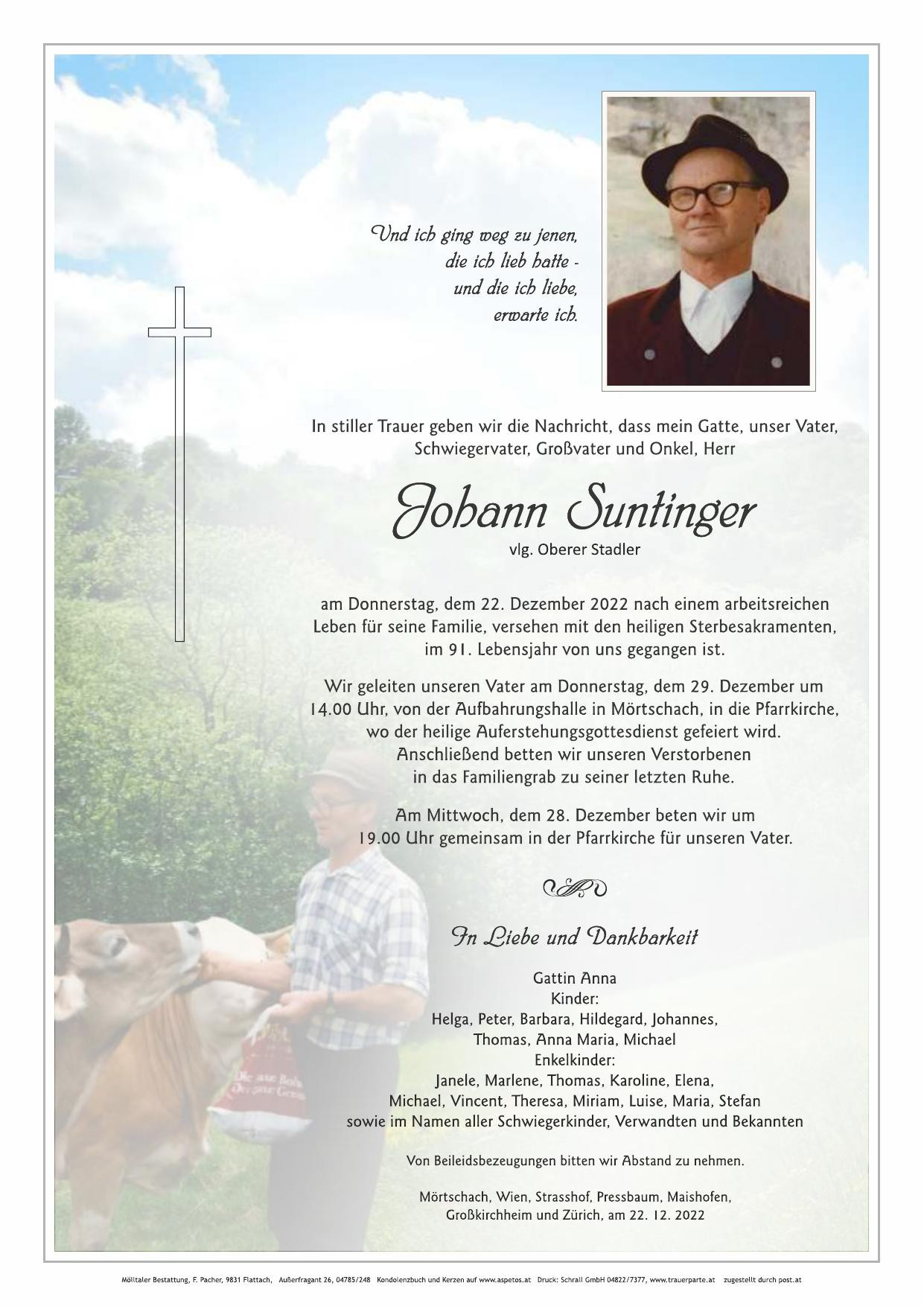 Traueranzeige von Johann Suntinger