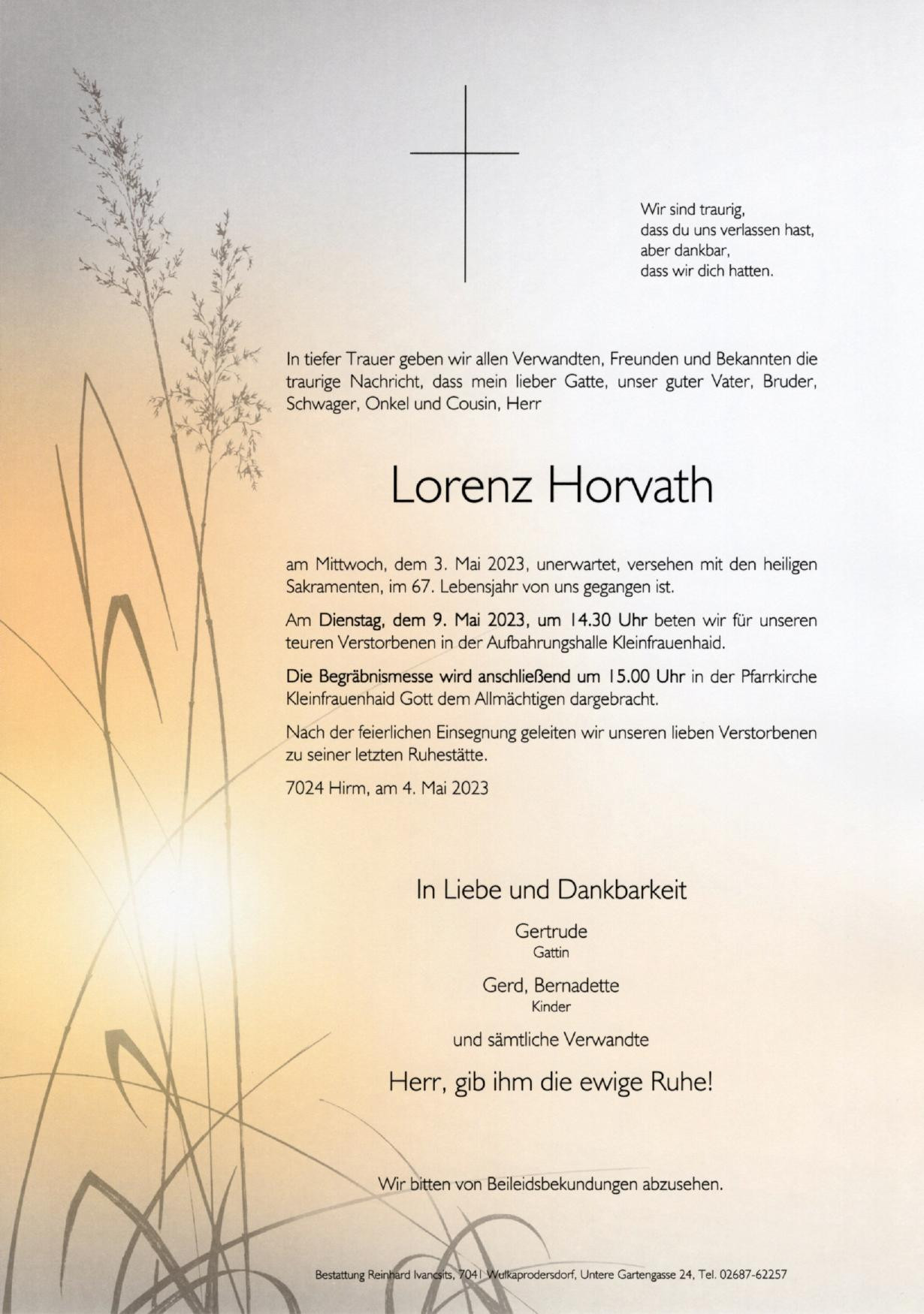 Traueranzeige von Lorenz Horvath