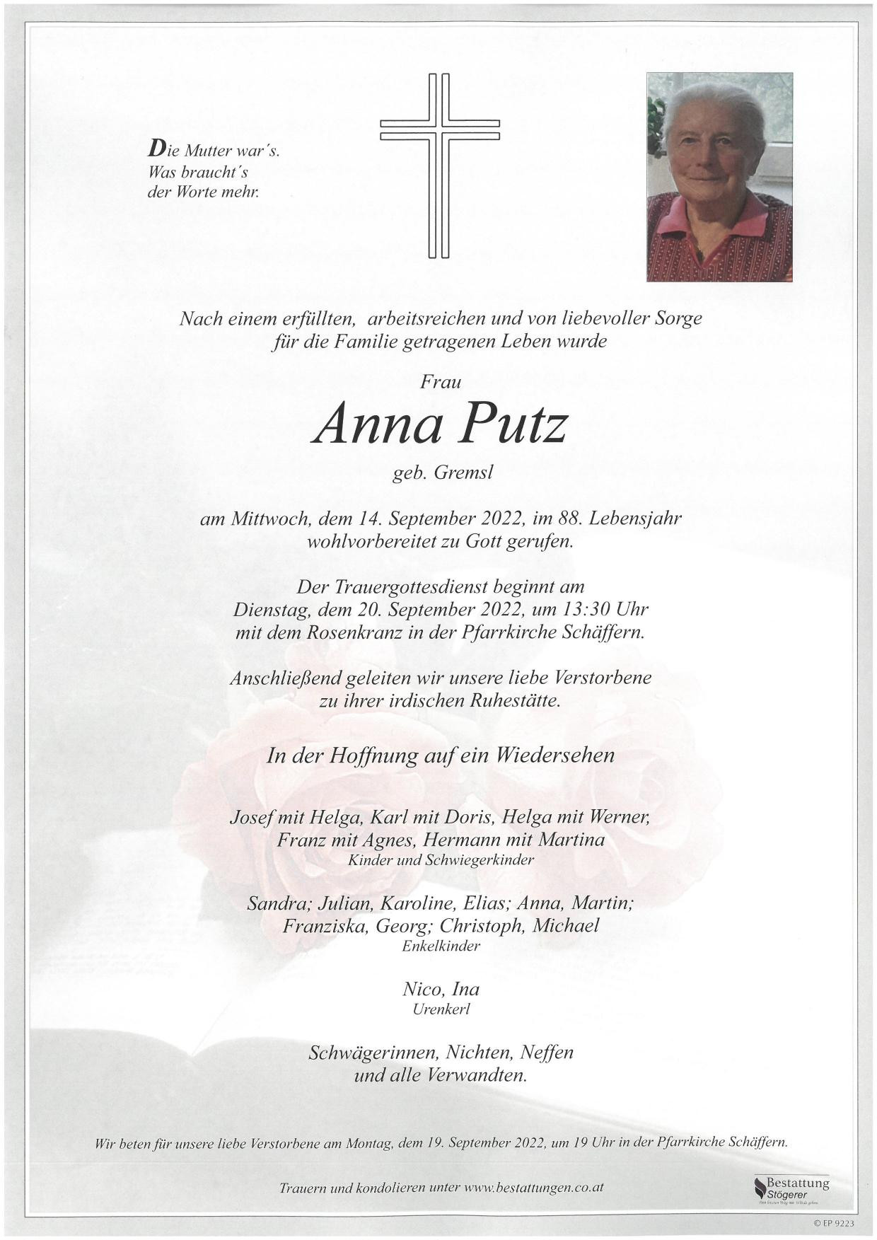 Traueranzeige von Anna Putz
