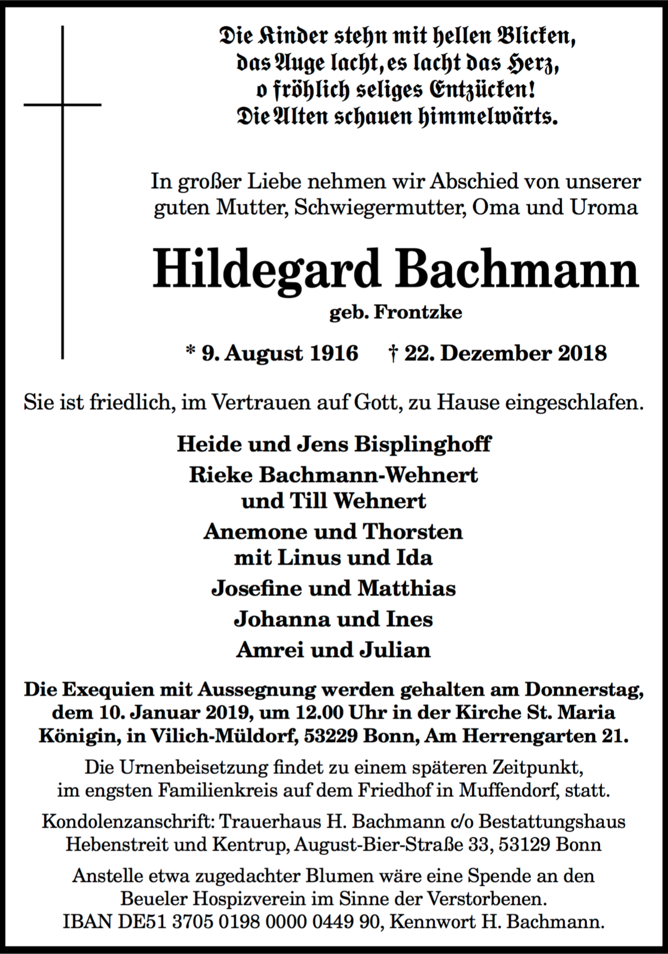 Traueranzeige von Hildegard Bachmann