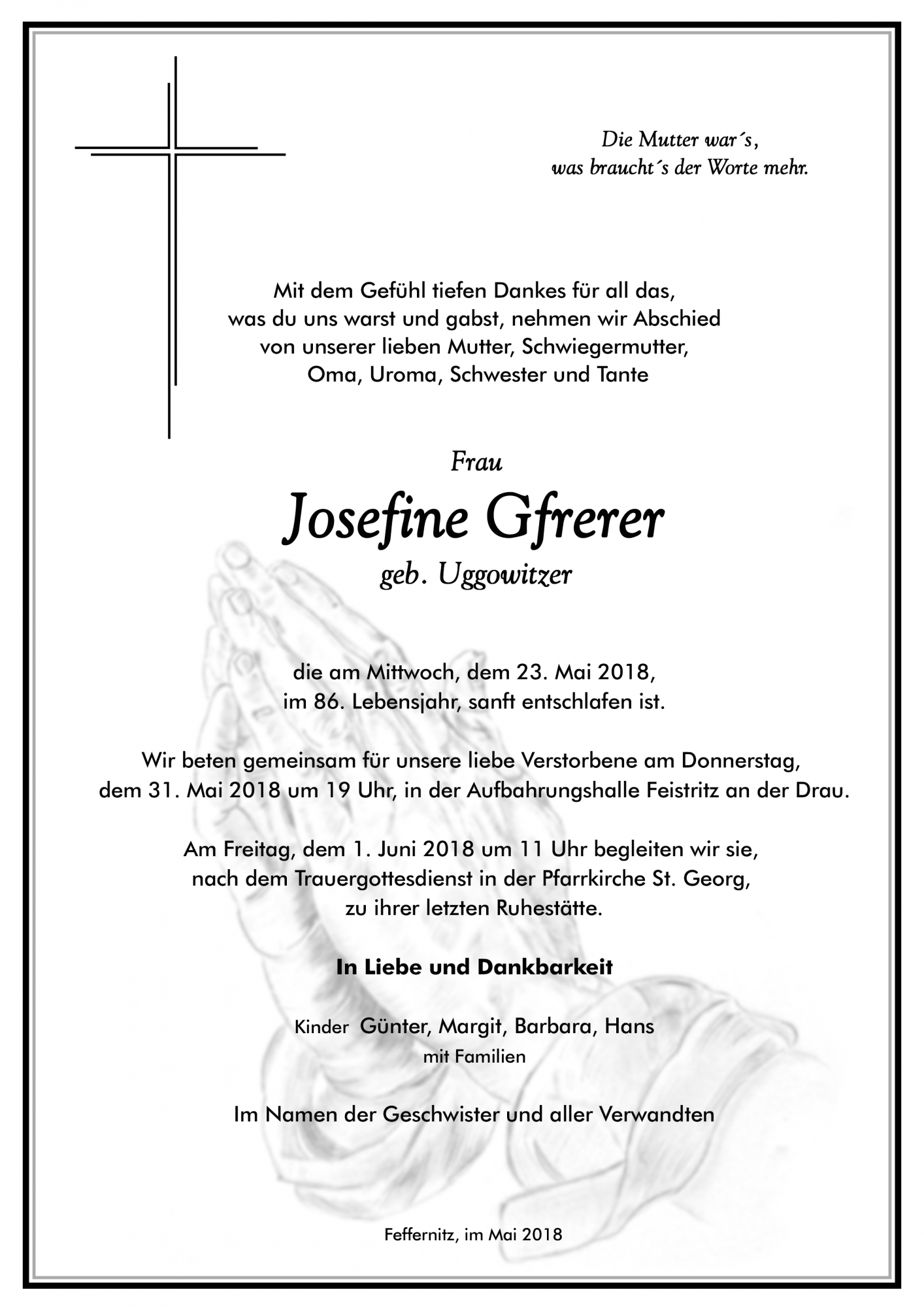 Traueranzeige von Josefine Gfrerer