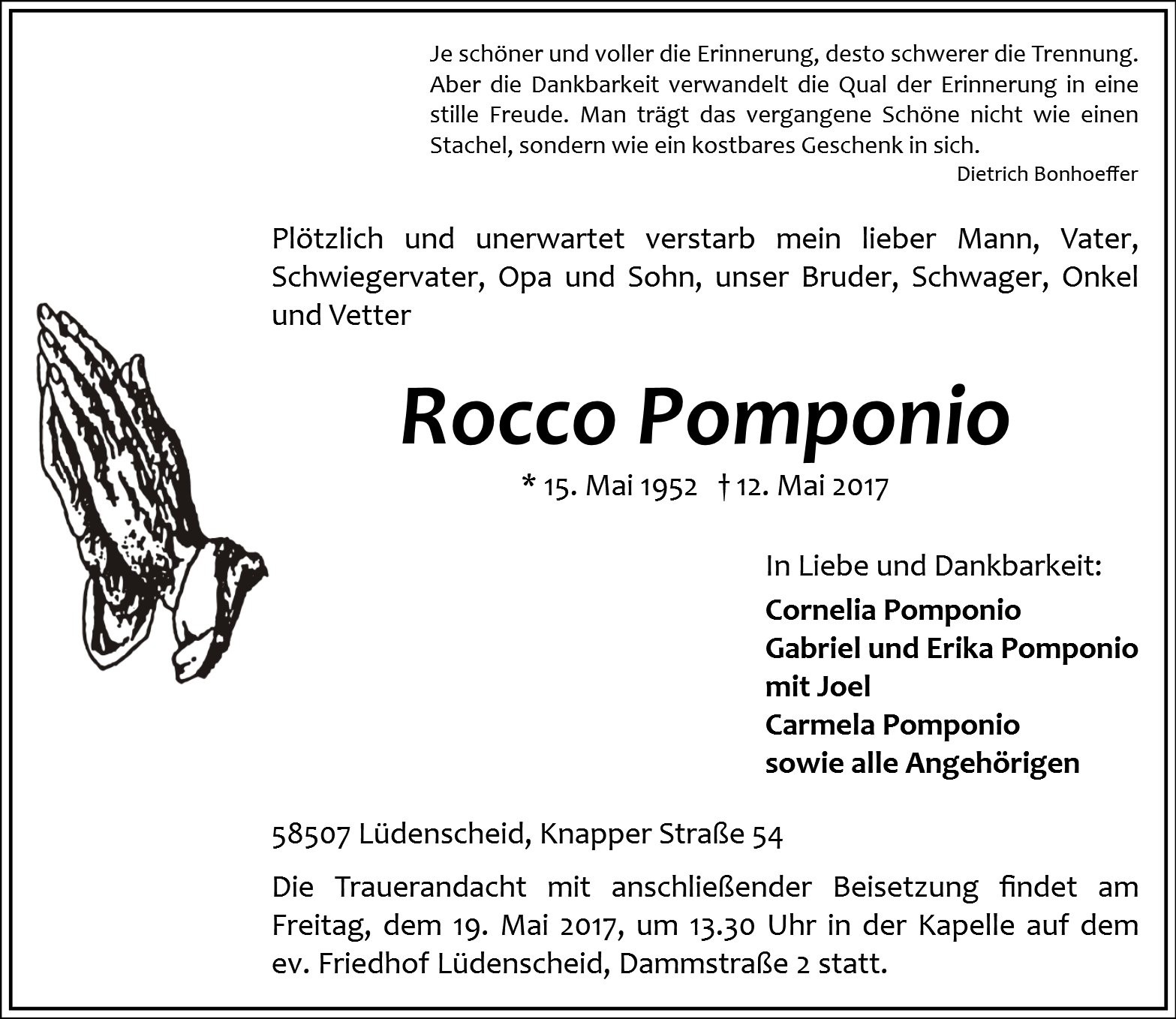 Traueranzeige von Rocco Pomponio