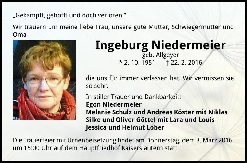 Traueranzeige von Ingeburg Niedermeier