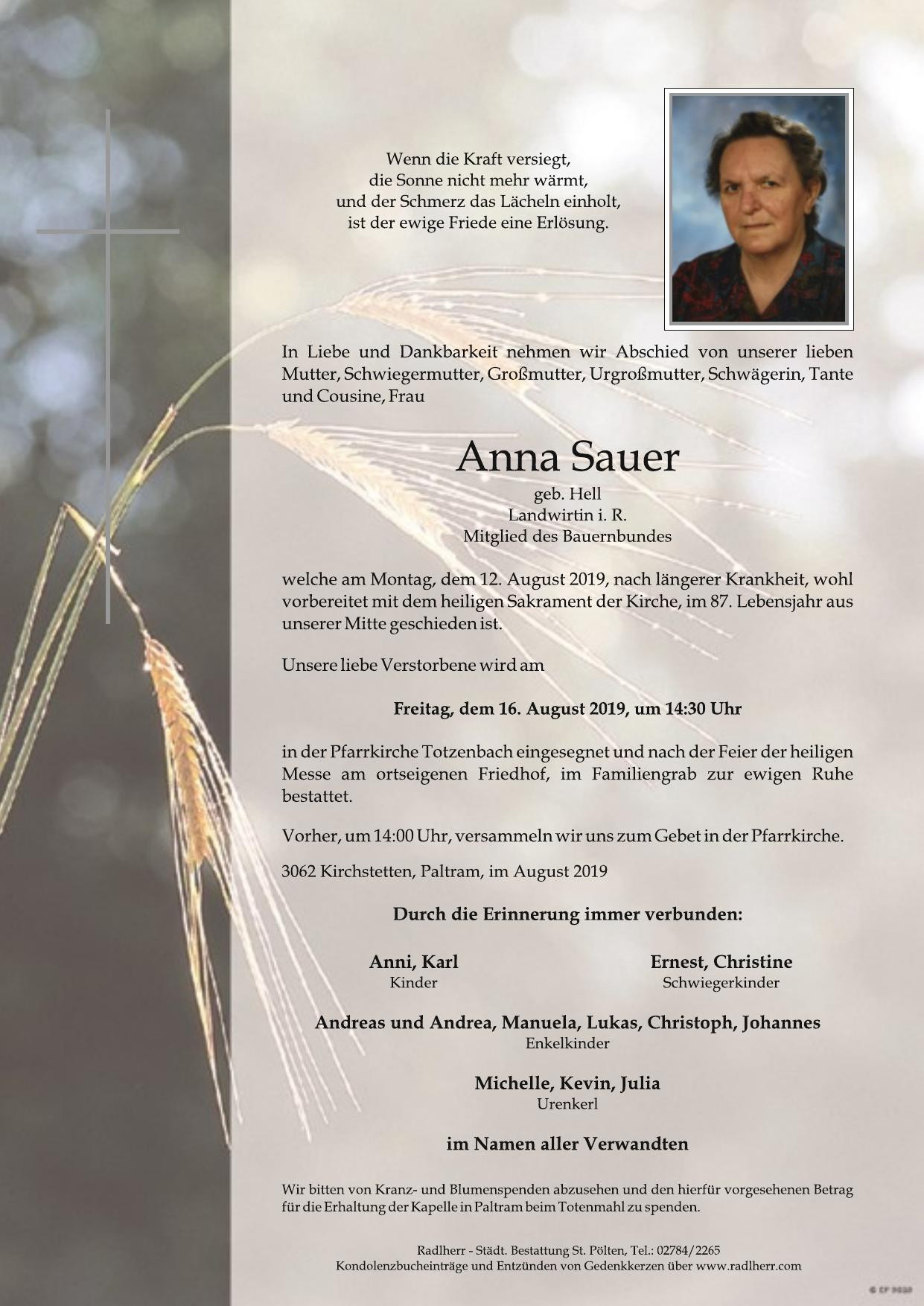 Traueranzeige von Anna Sauer
