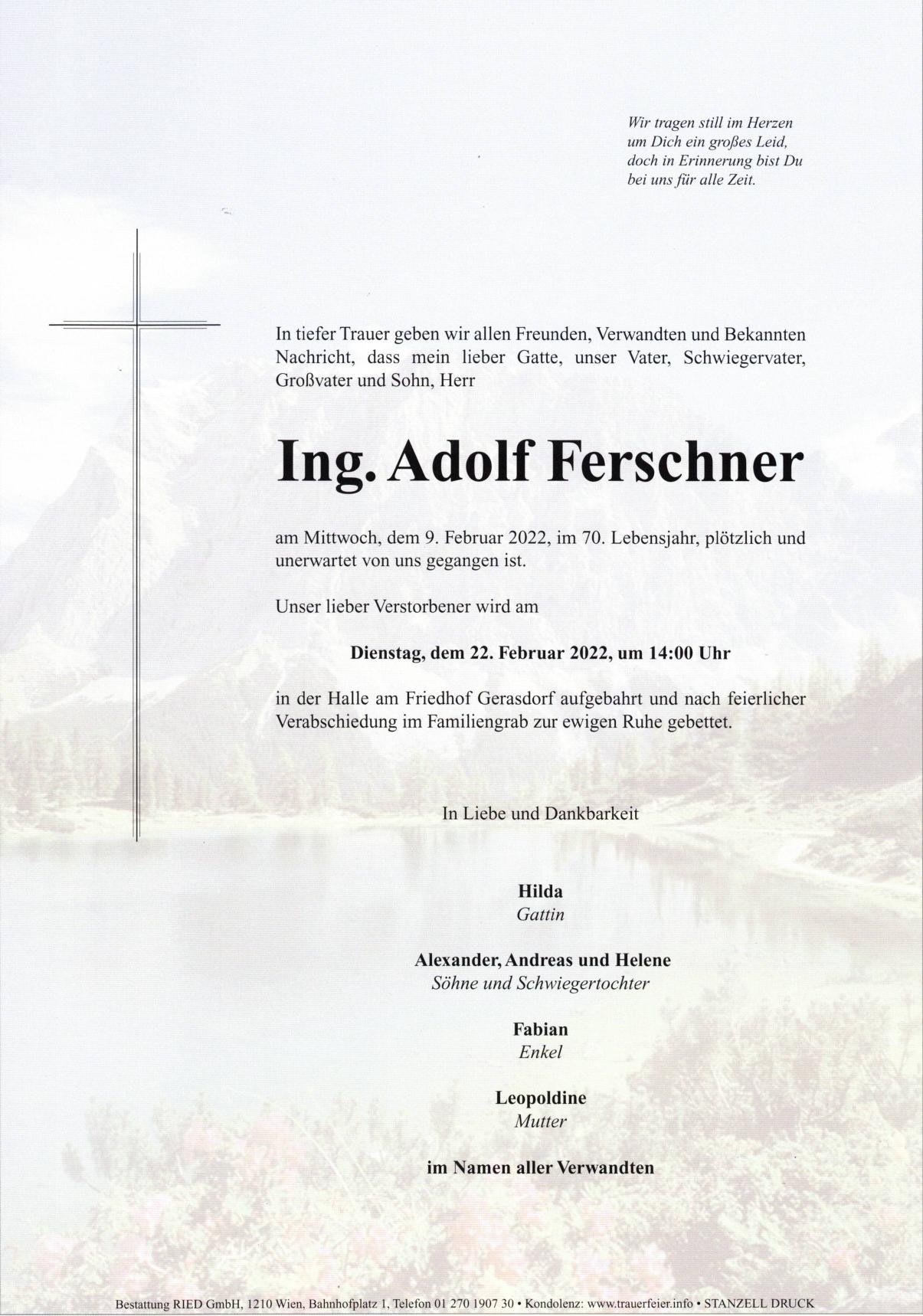 Traueranzeige von Ing. Adolf Ferschner