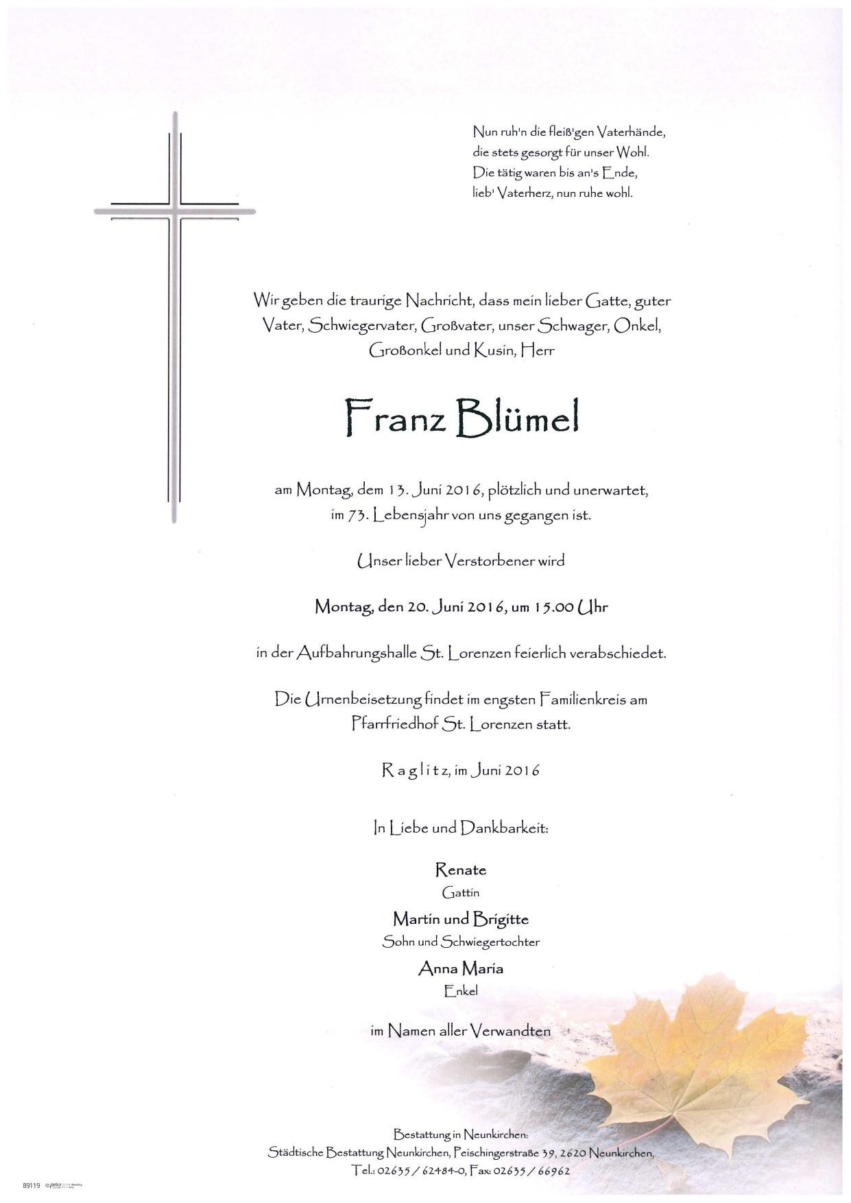 Traueranzeige von Franz Blümel