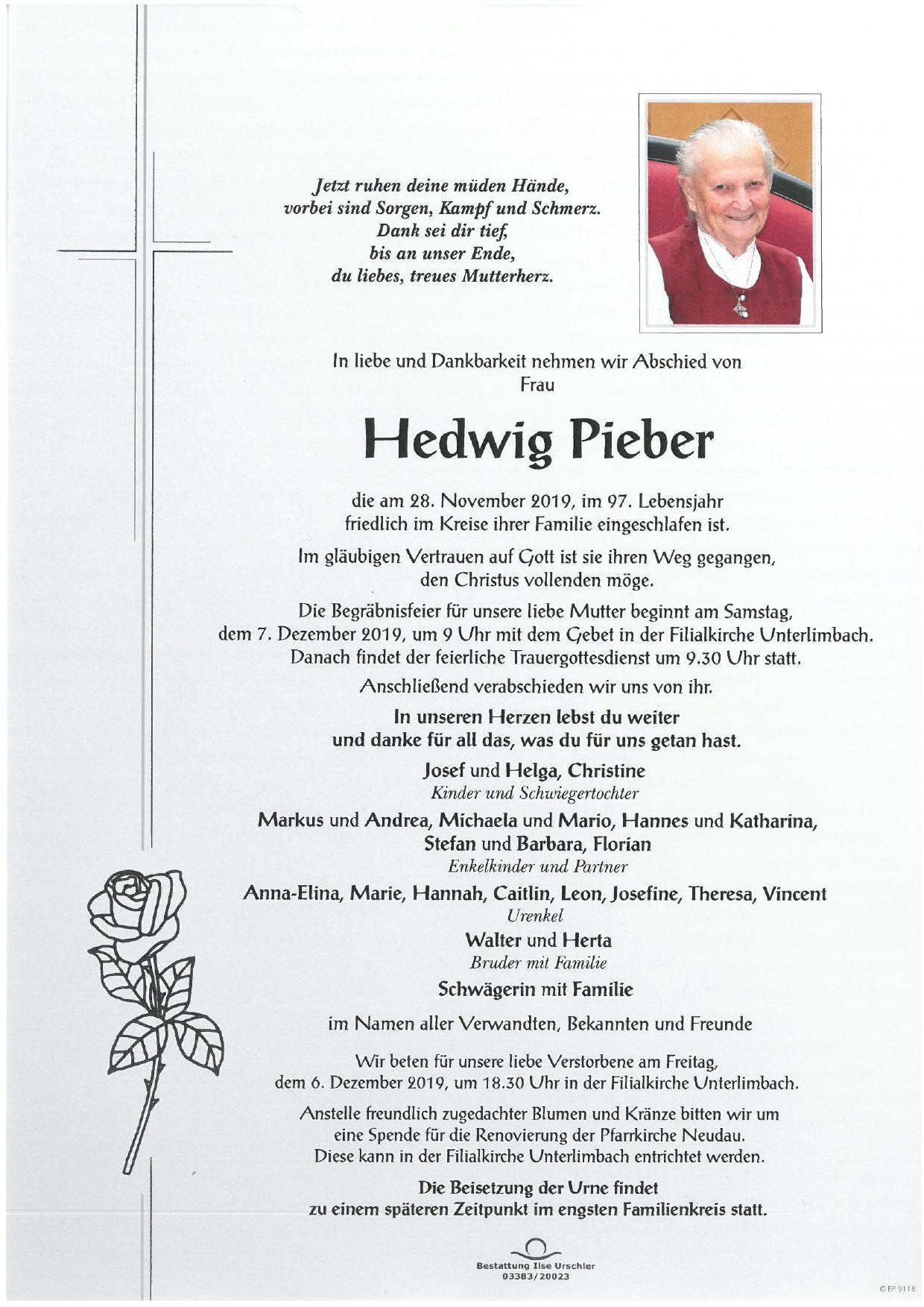 Traueranzeige von Hedwig Pieber