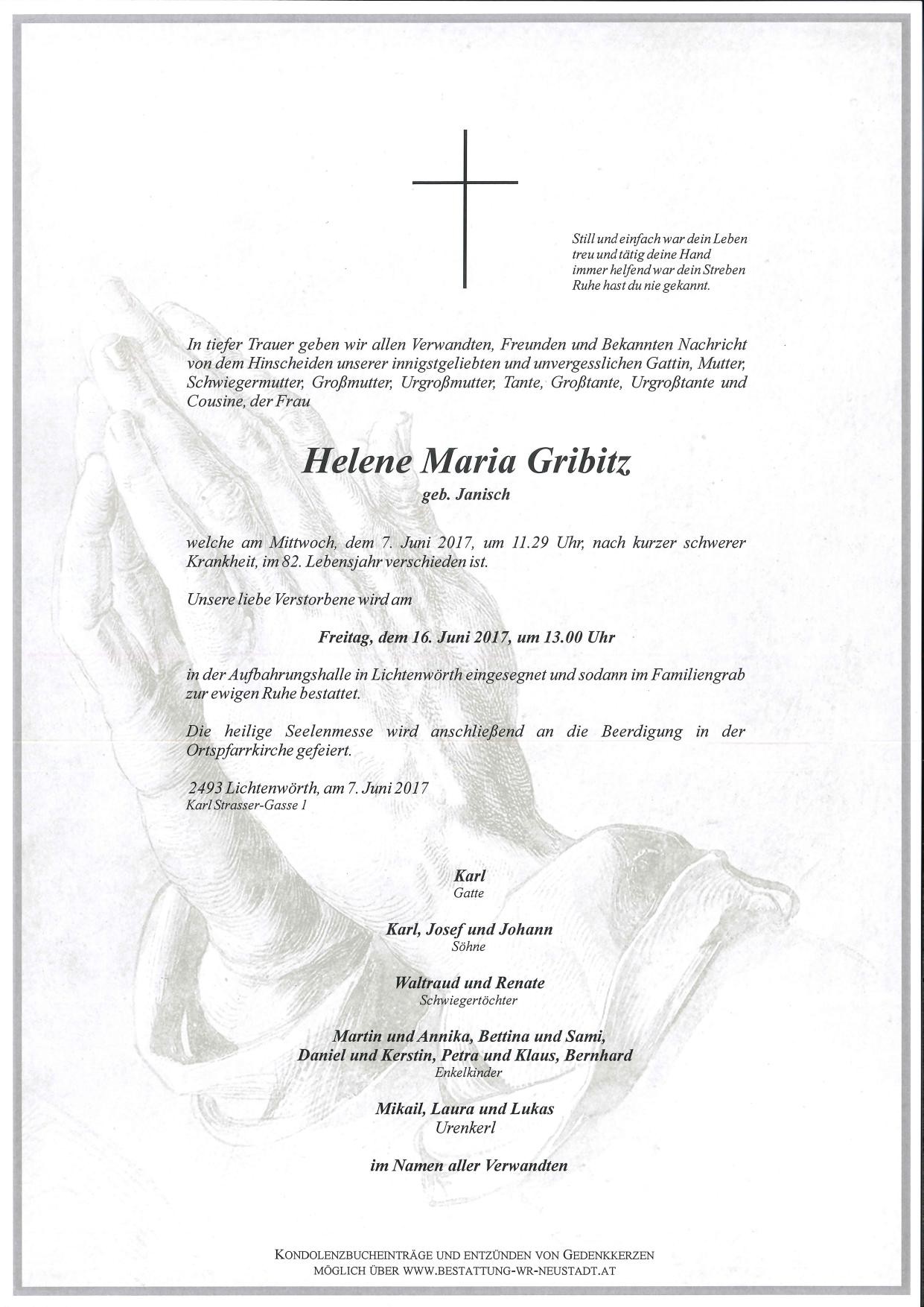 Traueranzeige von Helene Maria Gribitz
