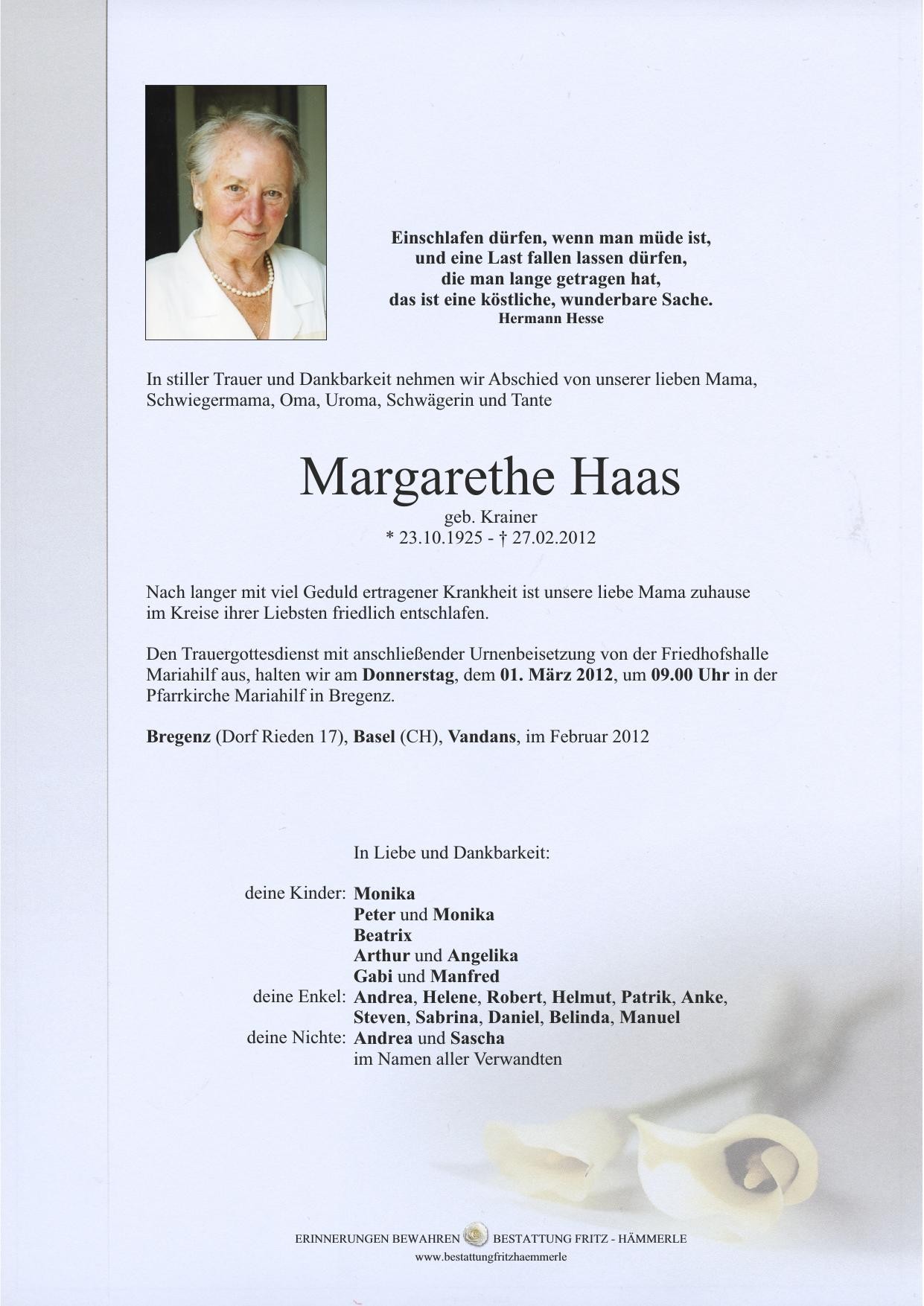 Traueranzeige von Margarethe Haas