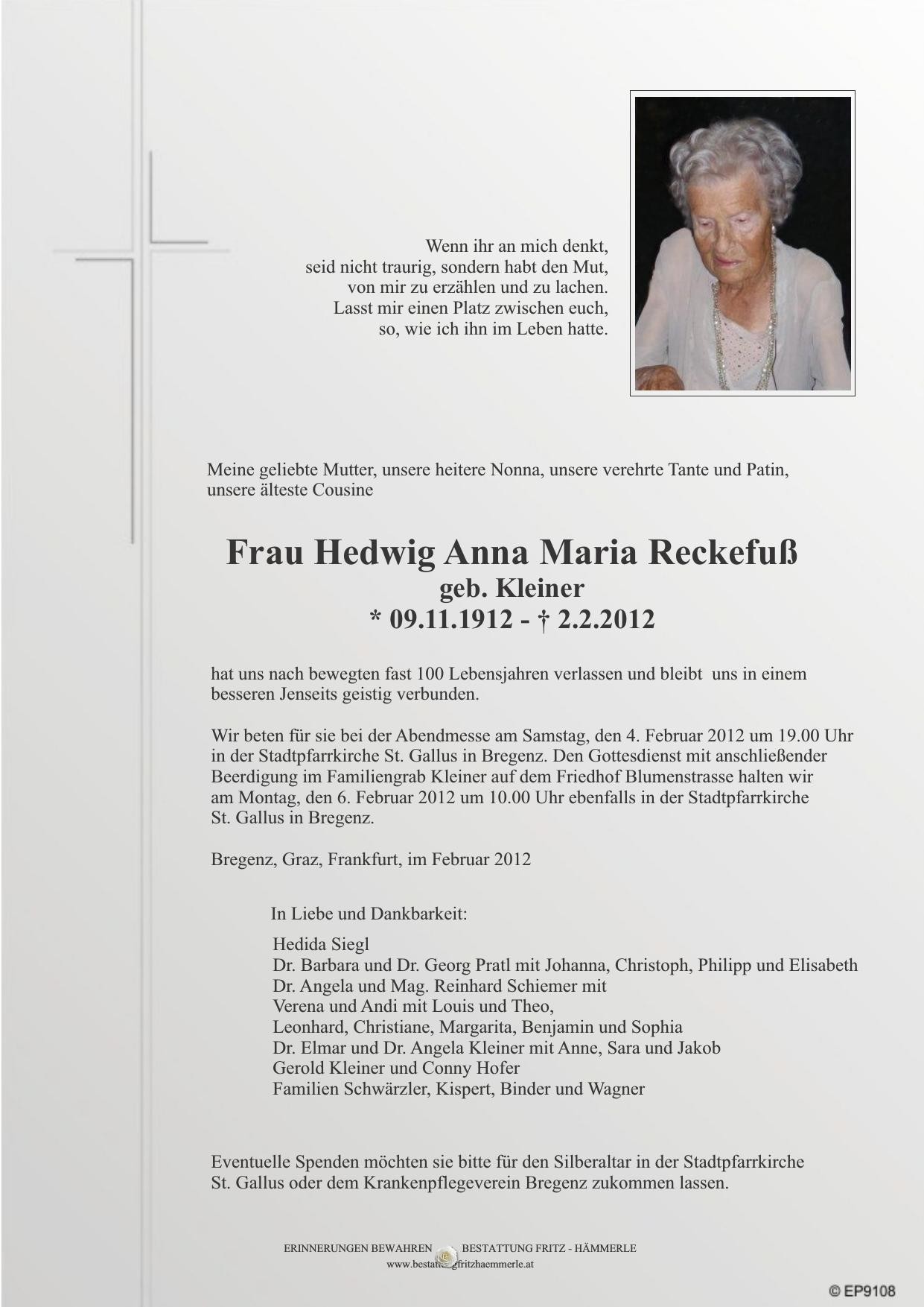 Traueranzeige von Hedwig Reckefuß