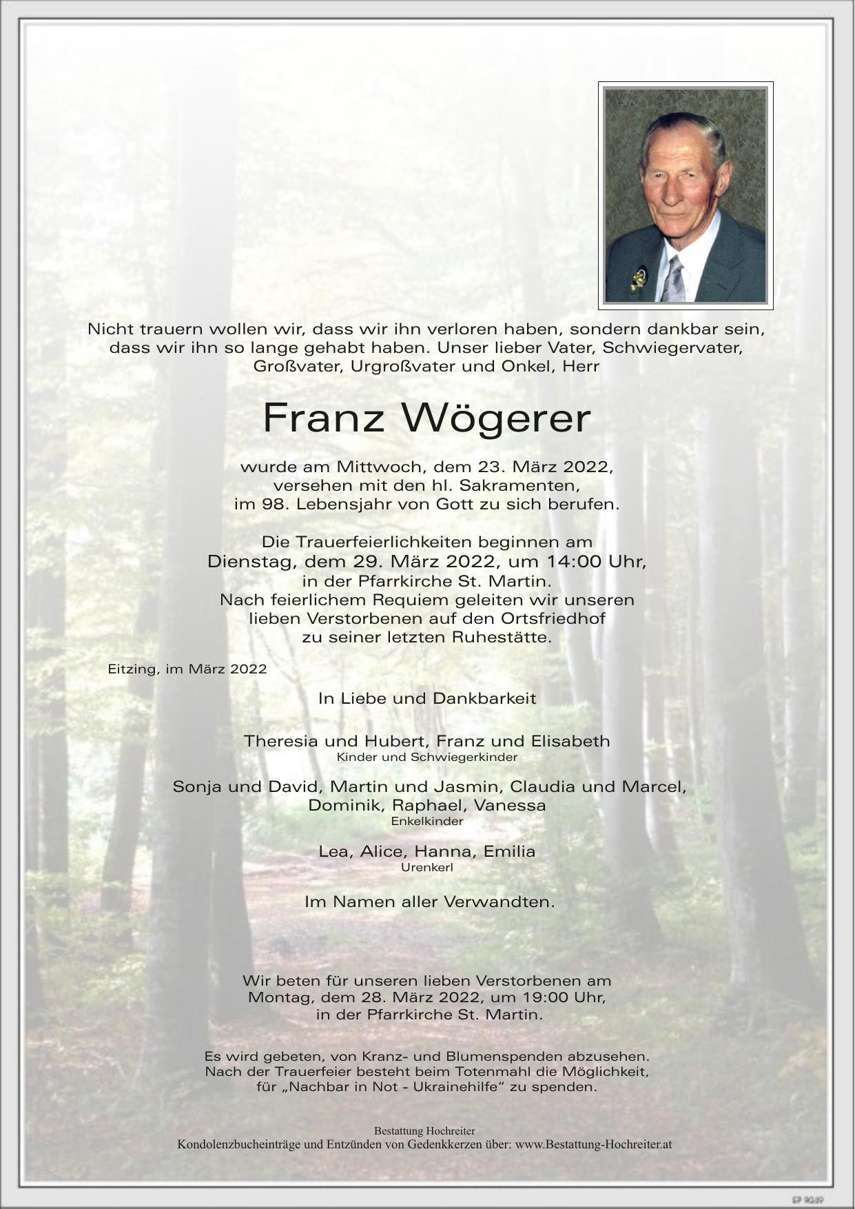 Traueranzeige von Franz Wögerer