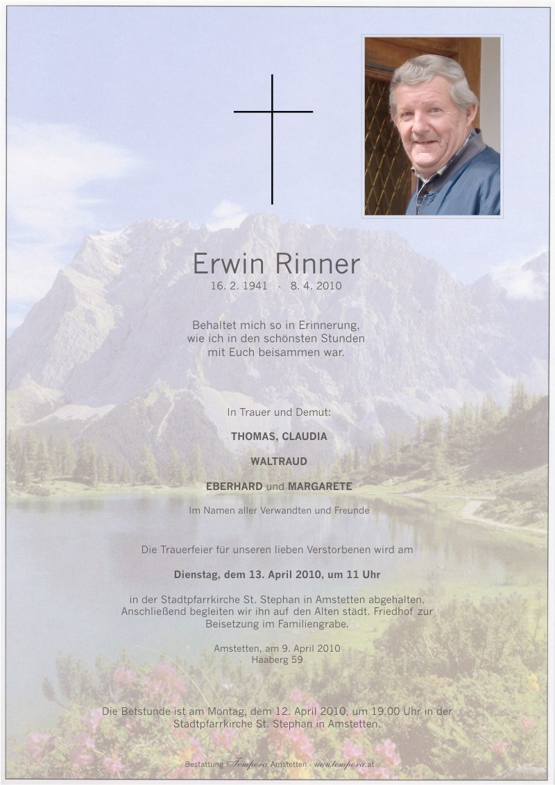 Traueranzeige von Erwin Rinner