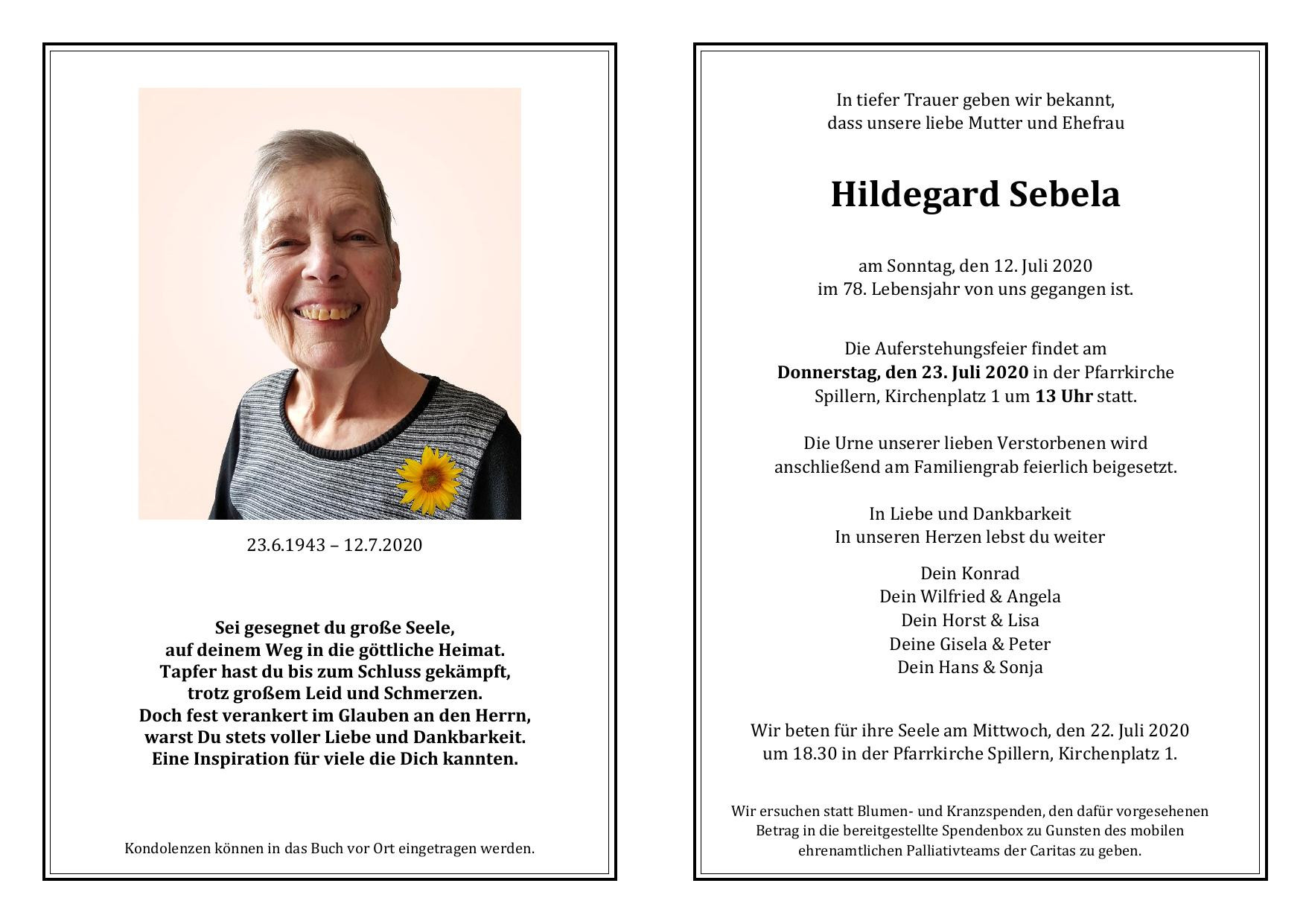 Traueranzeige von Hildegard Sebela