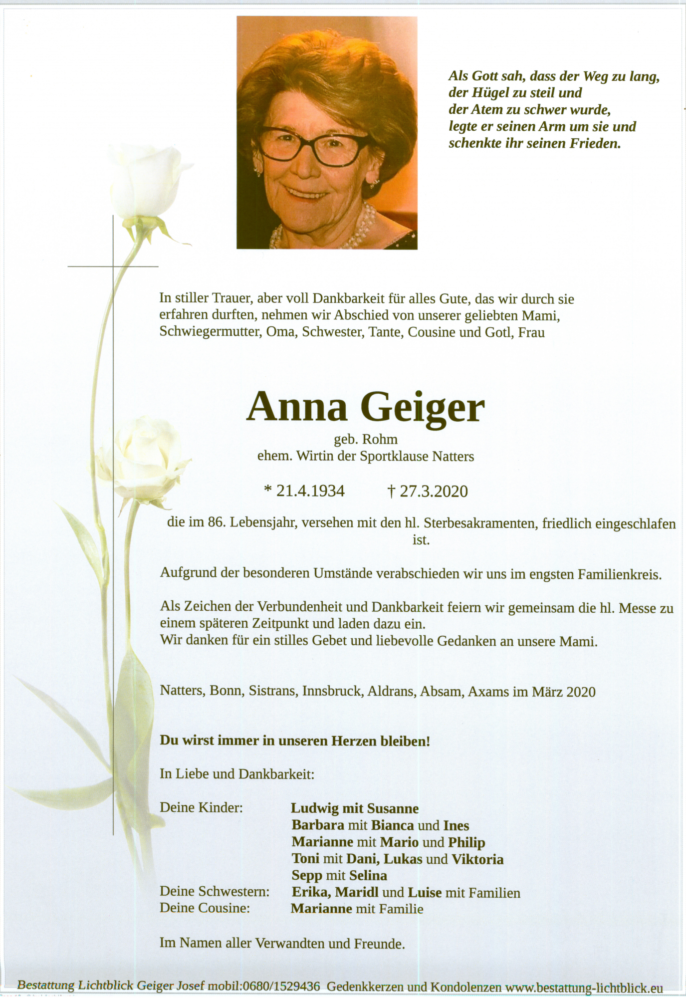 Traueranzeige von Anna Geiger