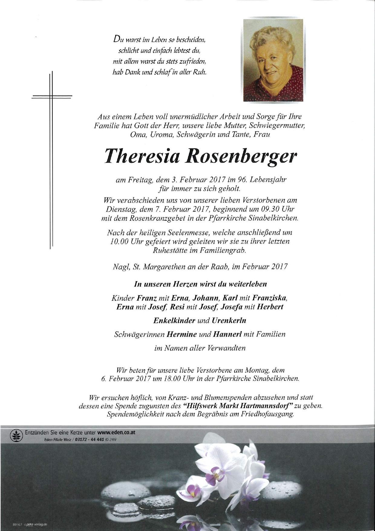 Traueranzeige von Theresia Rosenberger