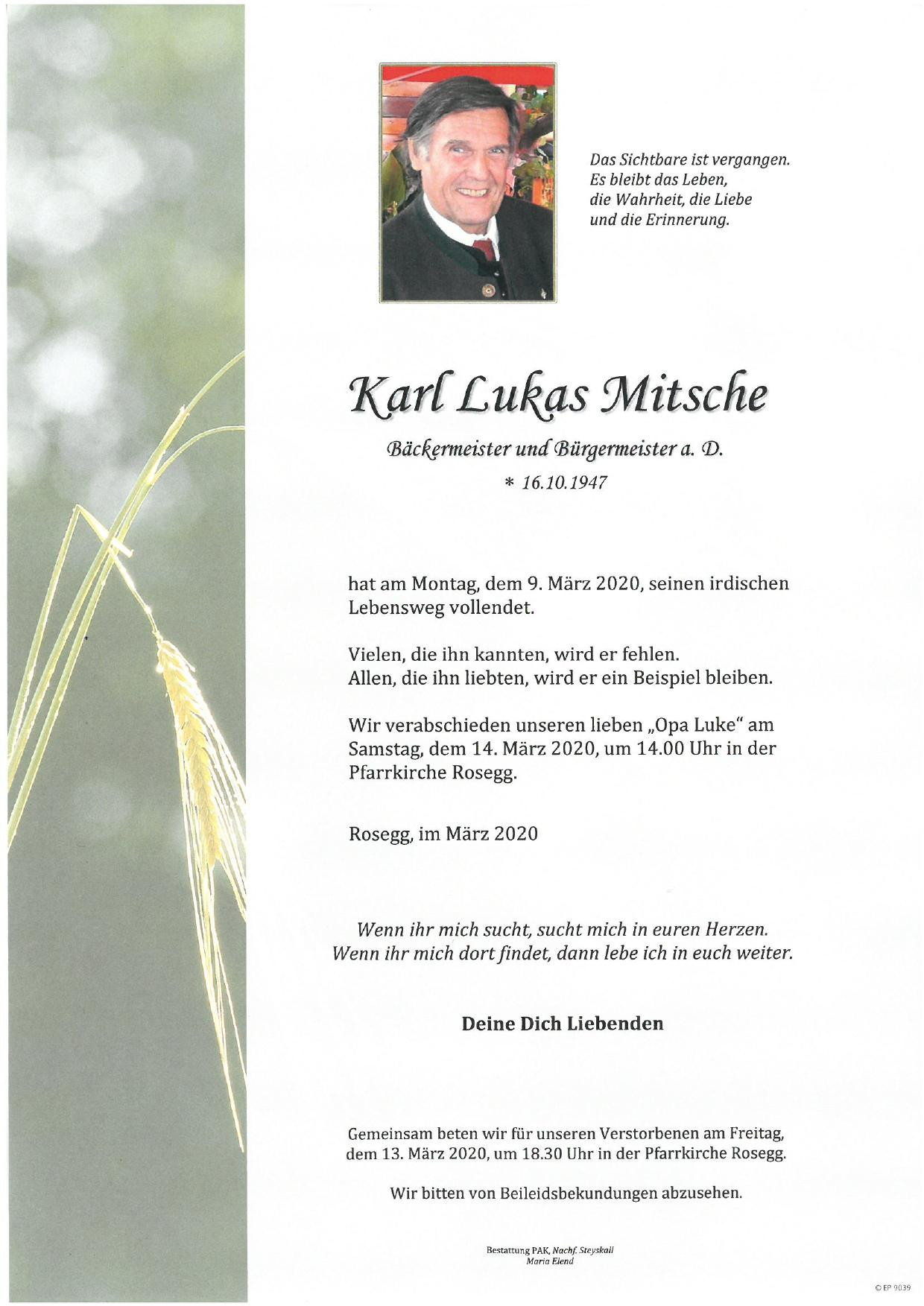 Traueranzeige von Karl Lukas Mitsche