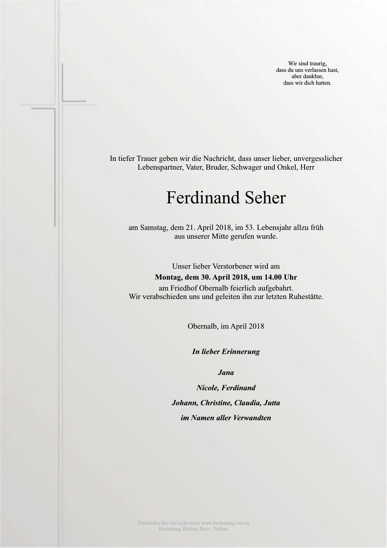 Traueranzeige von Ferdinand Seher