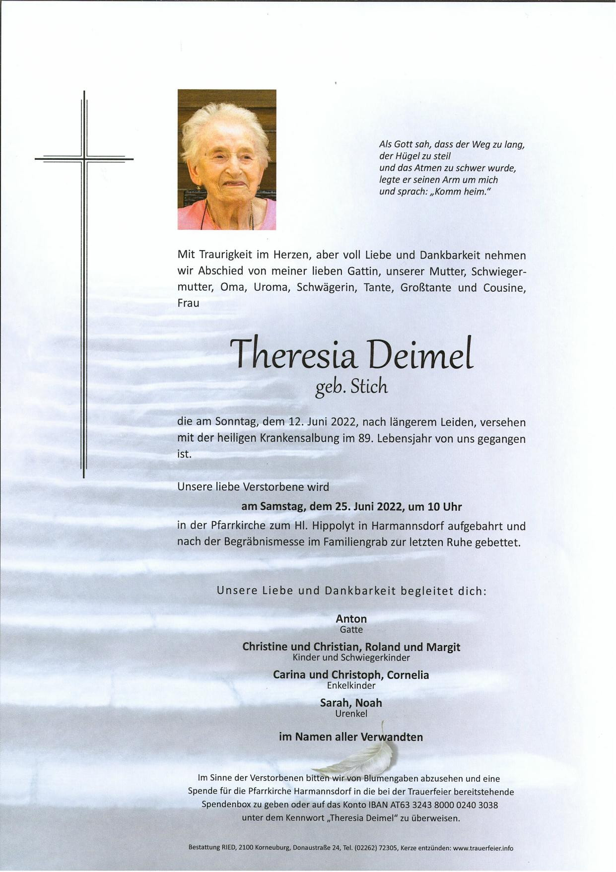 Traueranzeige von Theresia Deimel