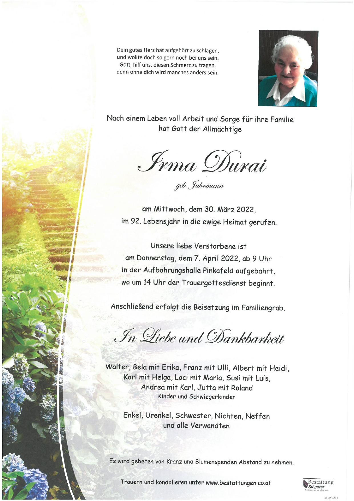 Traueranzeige von Durai Irma