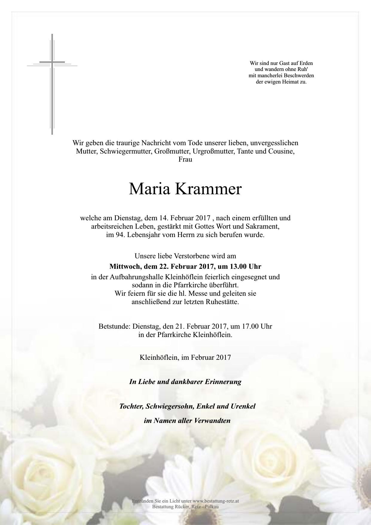 Traueranzeige von Maria Krammer
