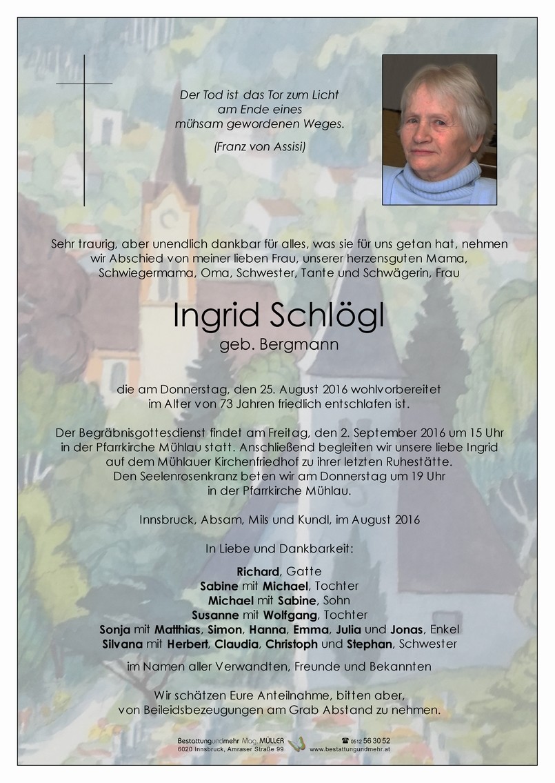 Traueranzeige von Ingrid Schlögl