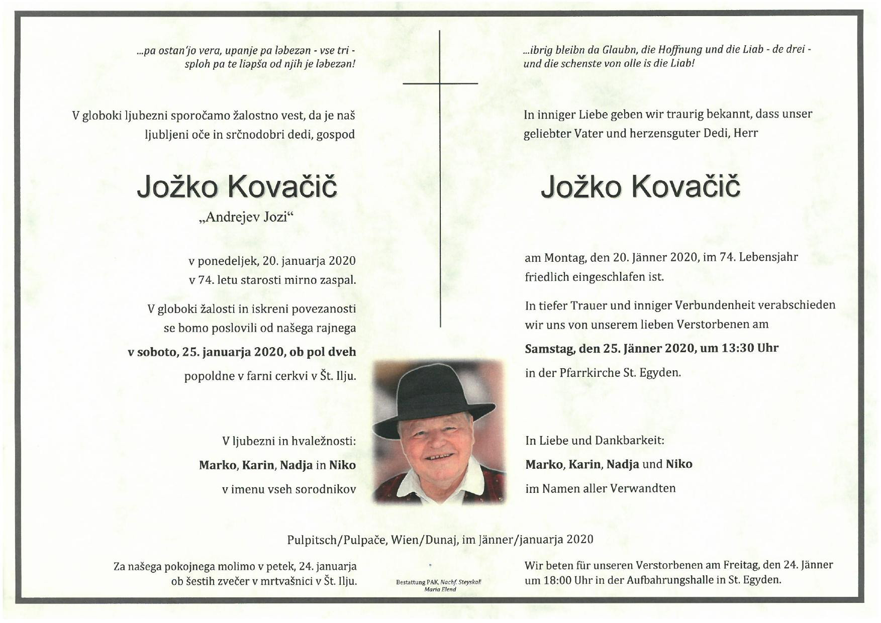 Traueranzeige von Jozko Kovacic