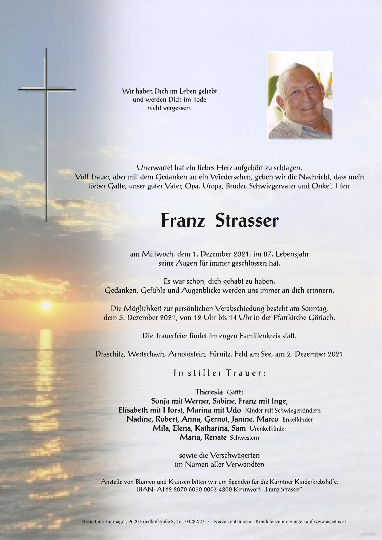 Traueranzeige von Franz Strasser