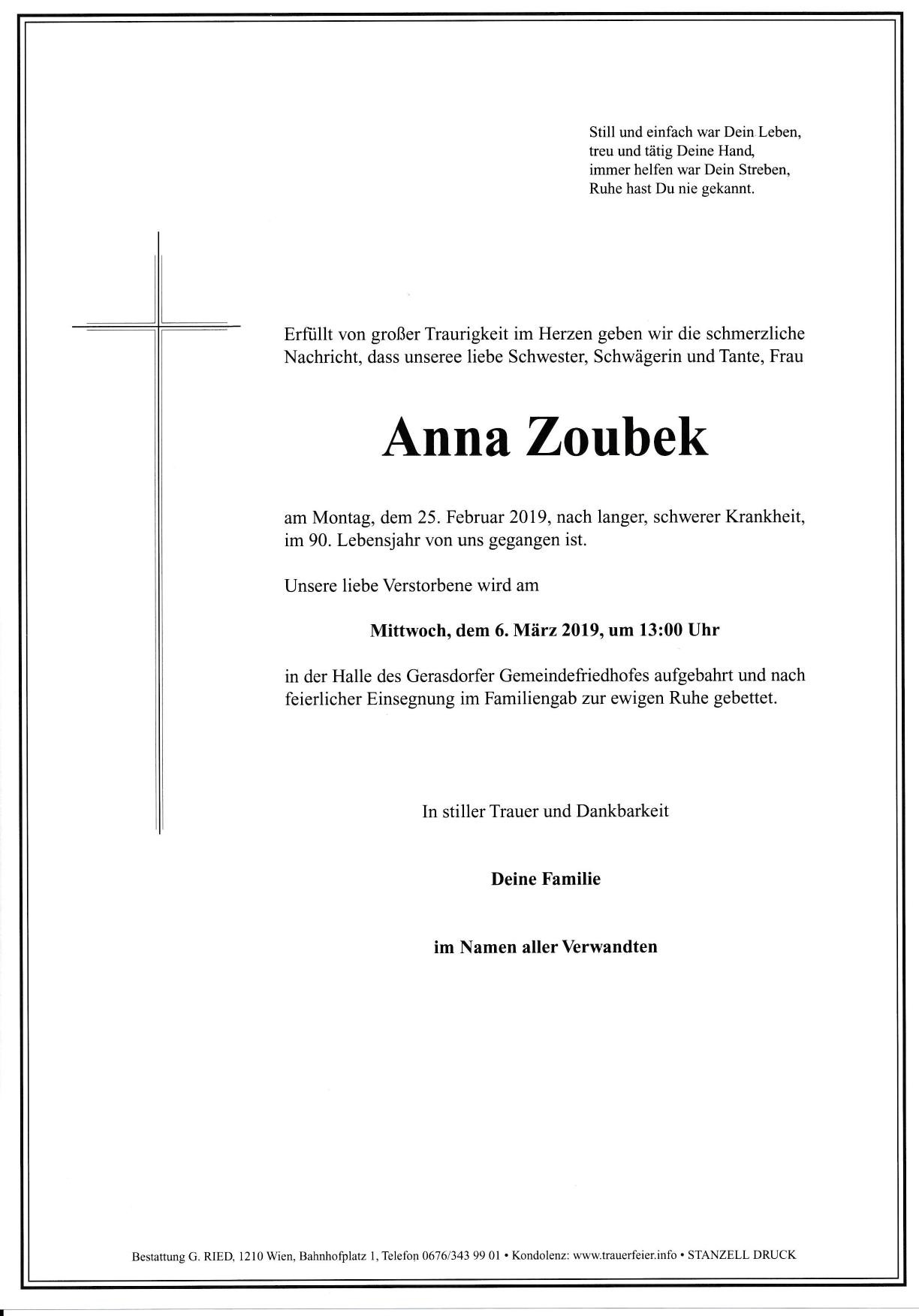 Traueranzeige von Anna Zoubek