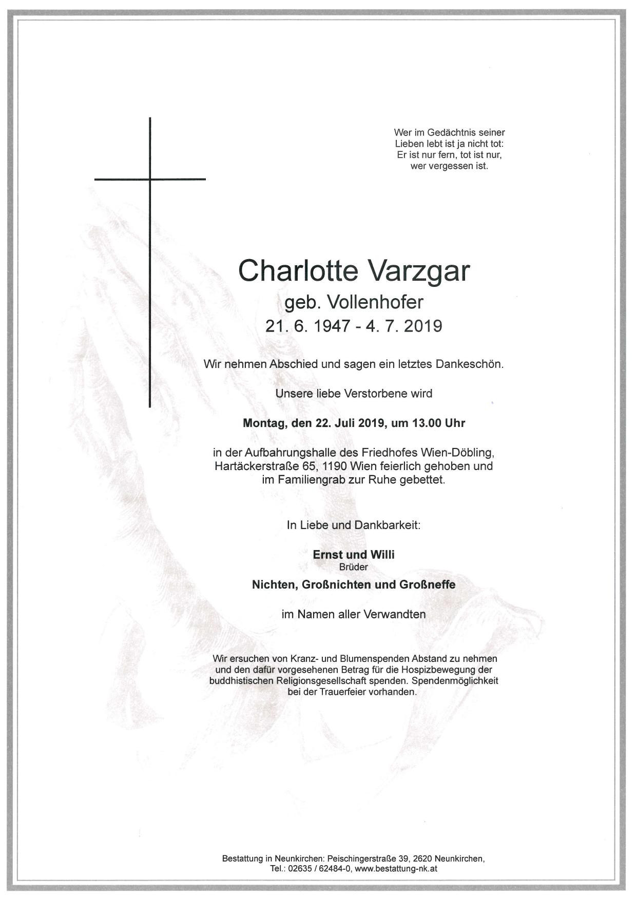 Traueranzeige von Charlotte Varzgar