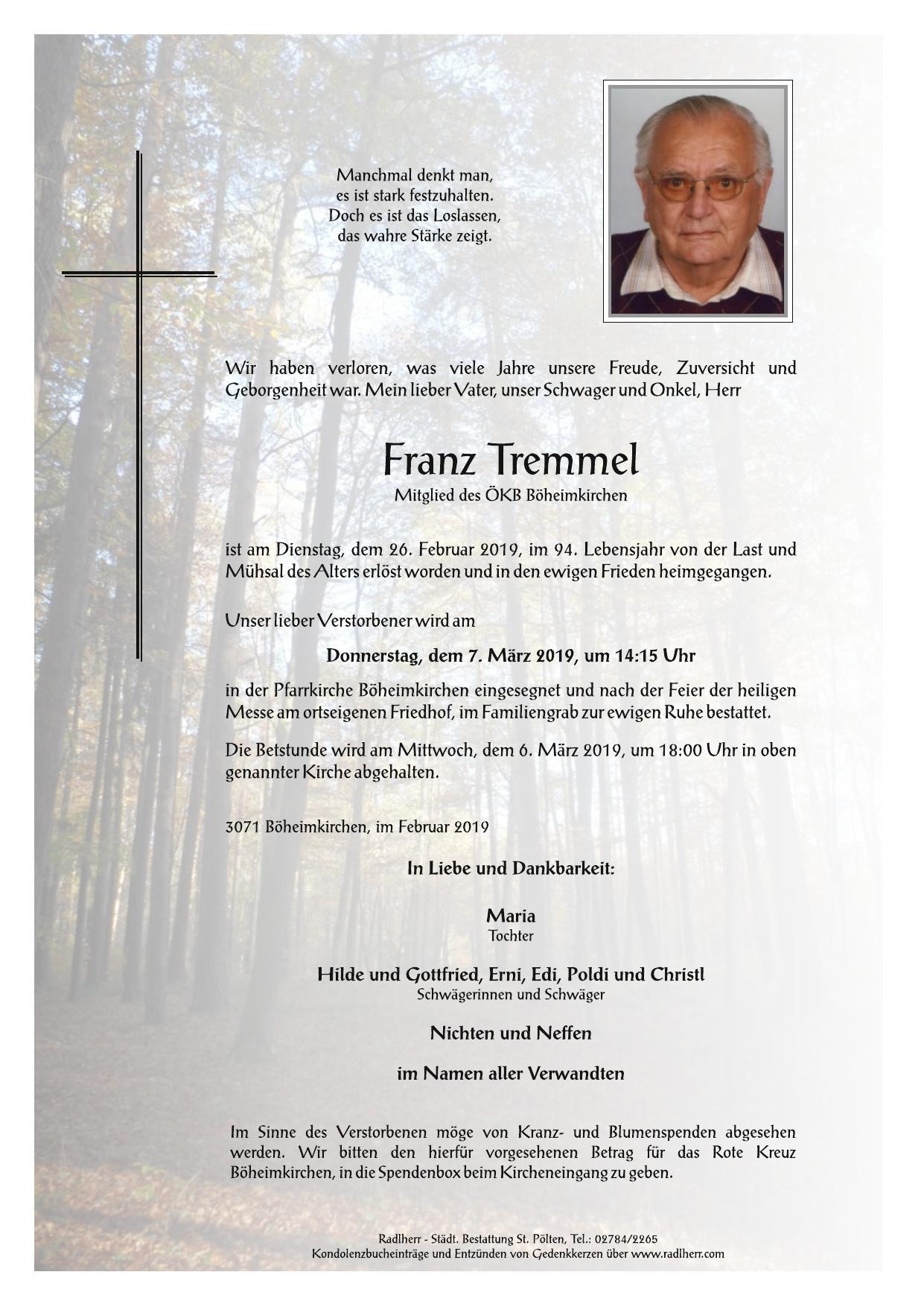 Traueranzeige von Franz Tremmel