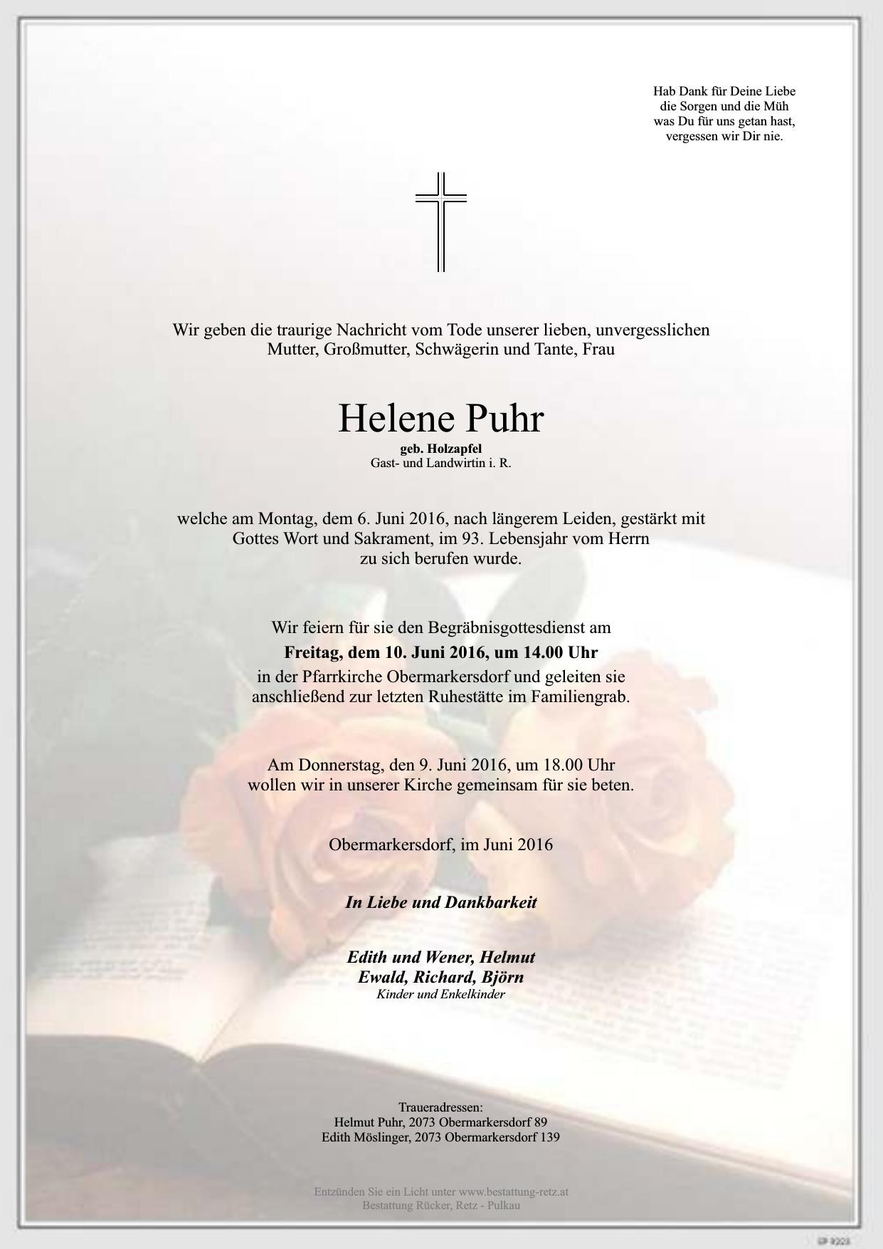 Traueranzeige von Helene Puhr