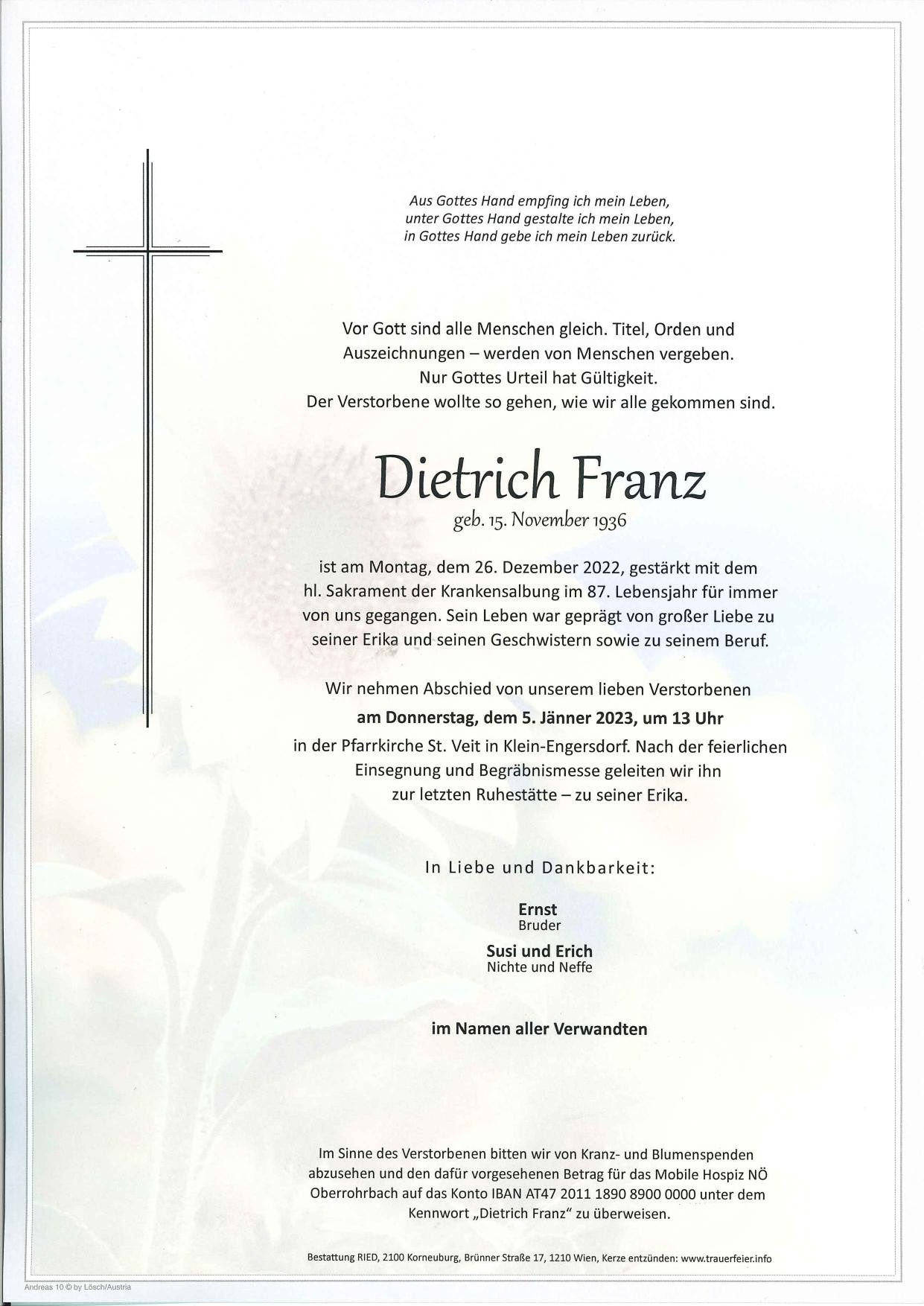 Traueranzeige von Dietrich Franz