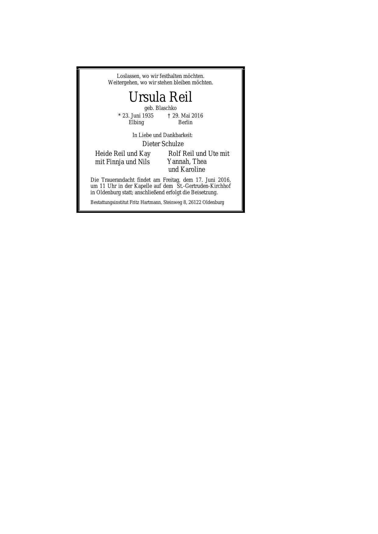 Traueranzeige von Ursula Reil