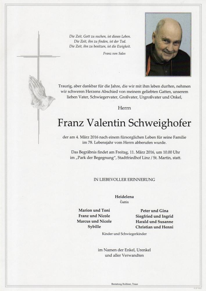 Traueranzeige von Franz Valentin Schweighofer