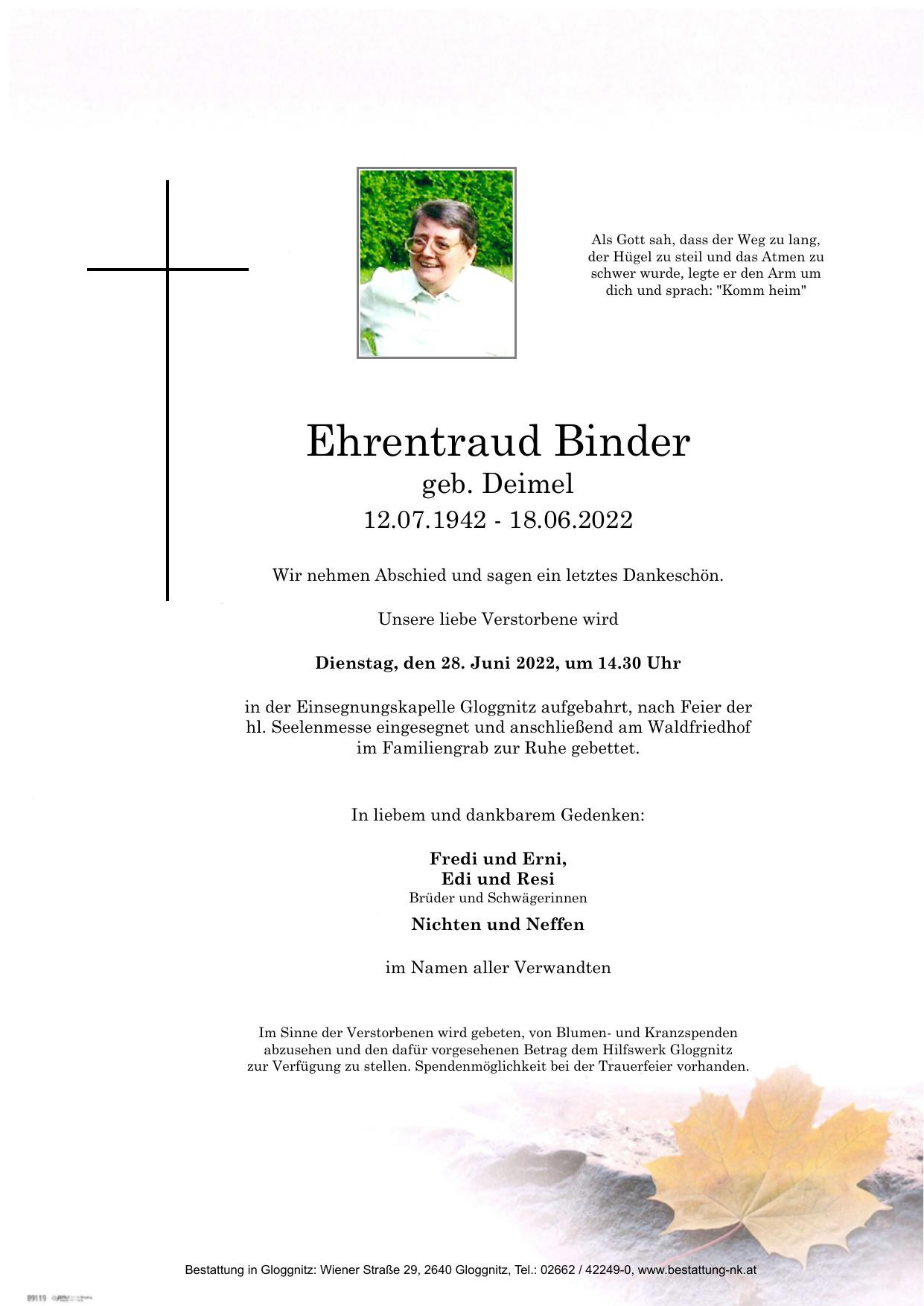 Traueranzeige von Ehrentraud Binder