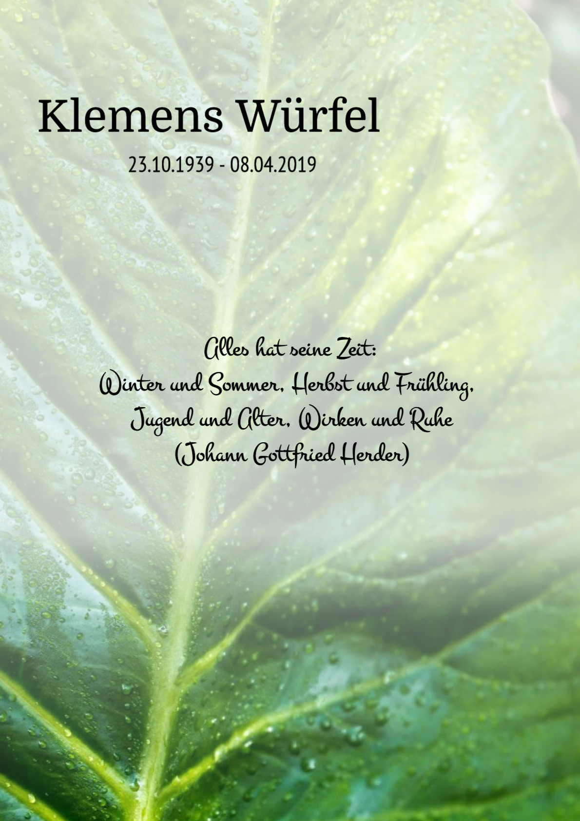 Traueranzeige von Klemens Würfel