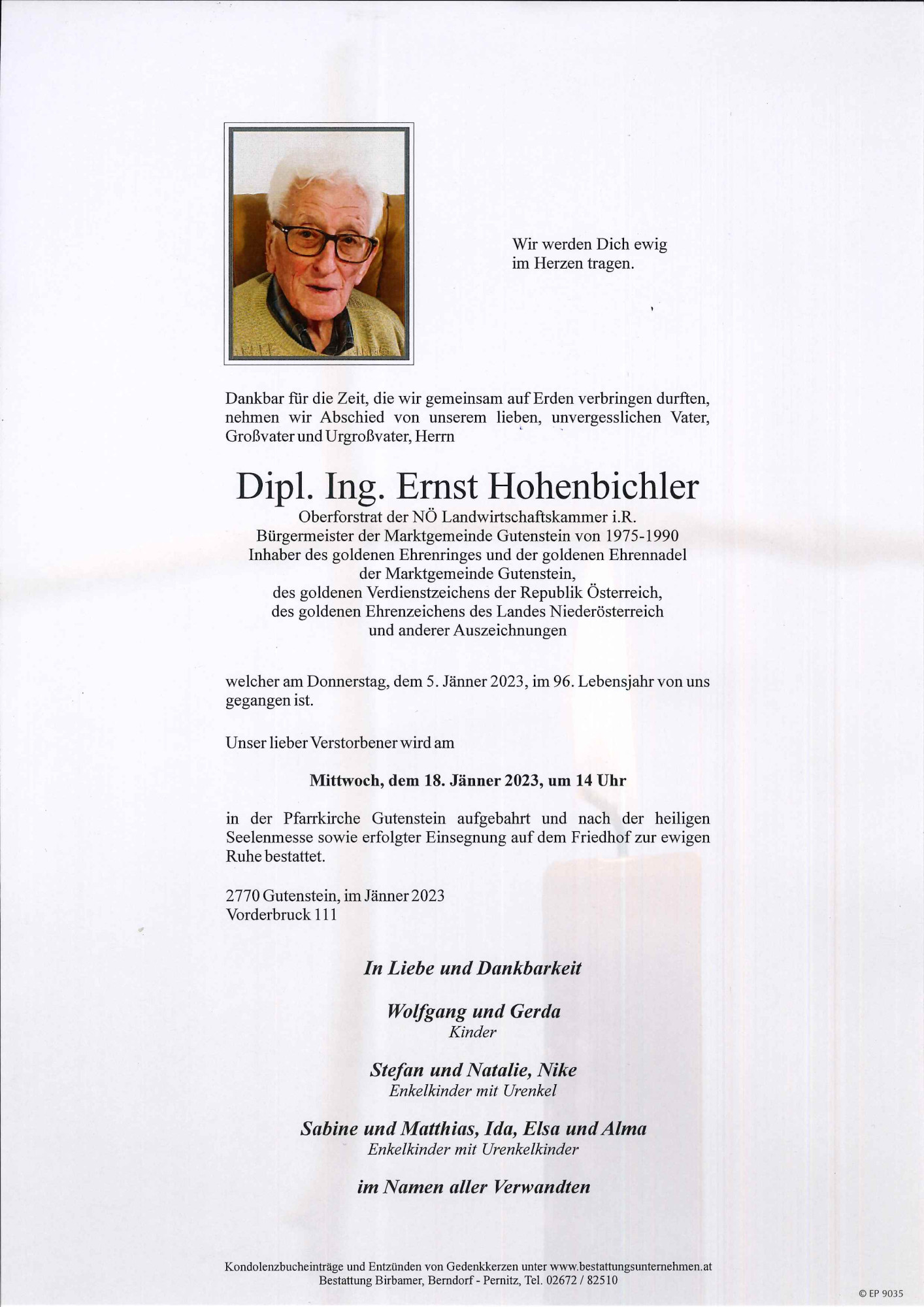 Traueranzeige von Dipl.Ing. Dipl. Ing. Ernst Hohenbichler