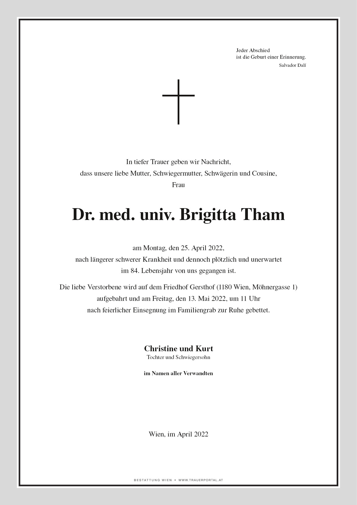 Traueranzeige von Dr. med. univ. Brigitta Tham