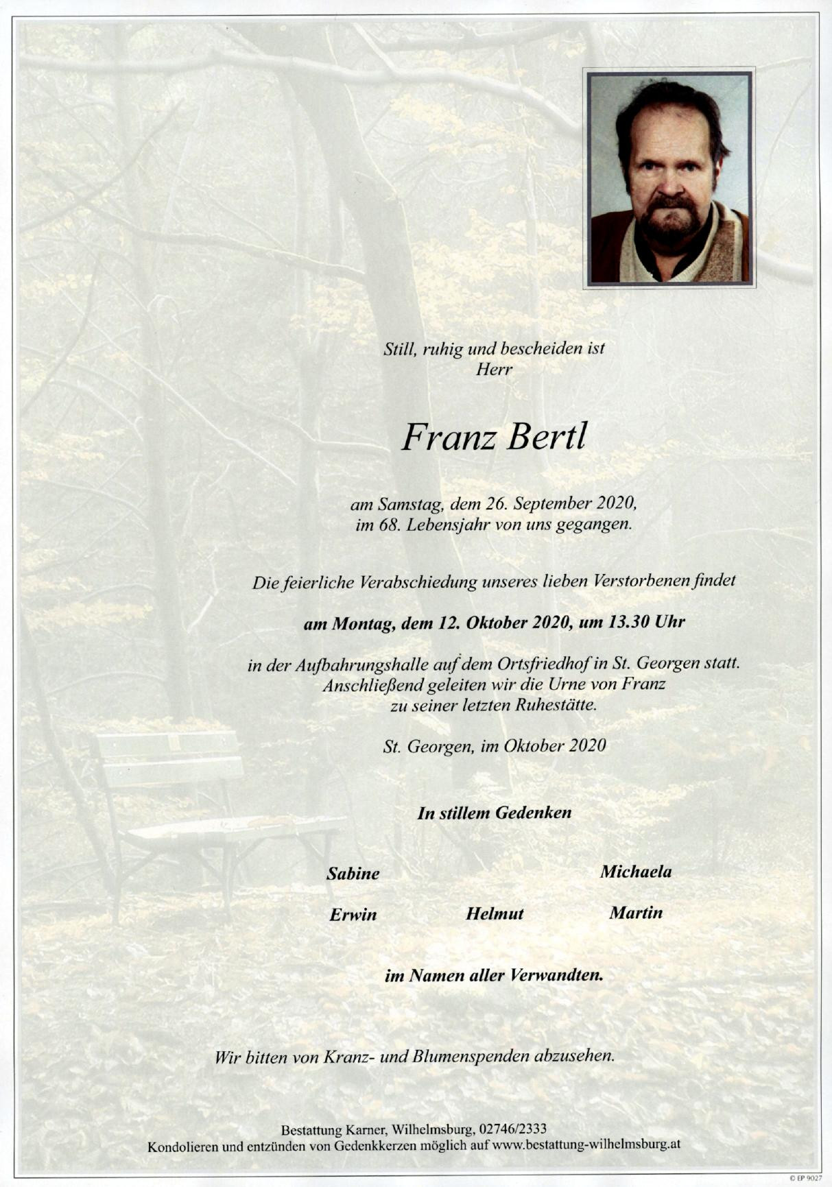 Traueranzeige von Franz Bertl