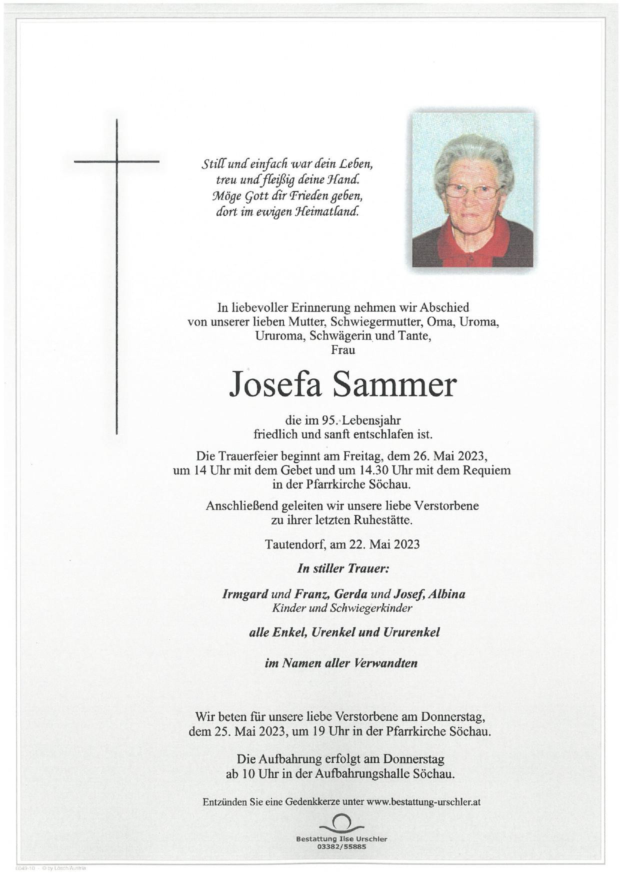Traueranzeige von Josefa Sammer