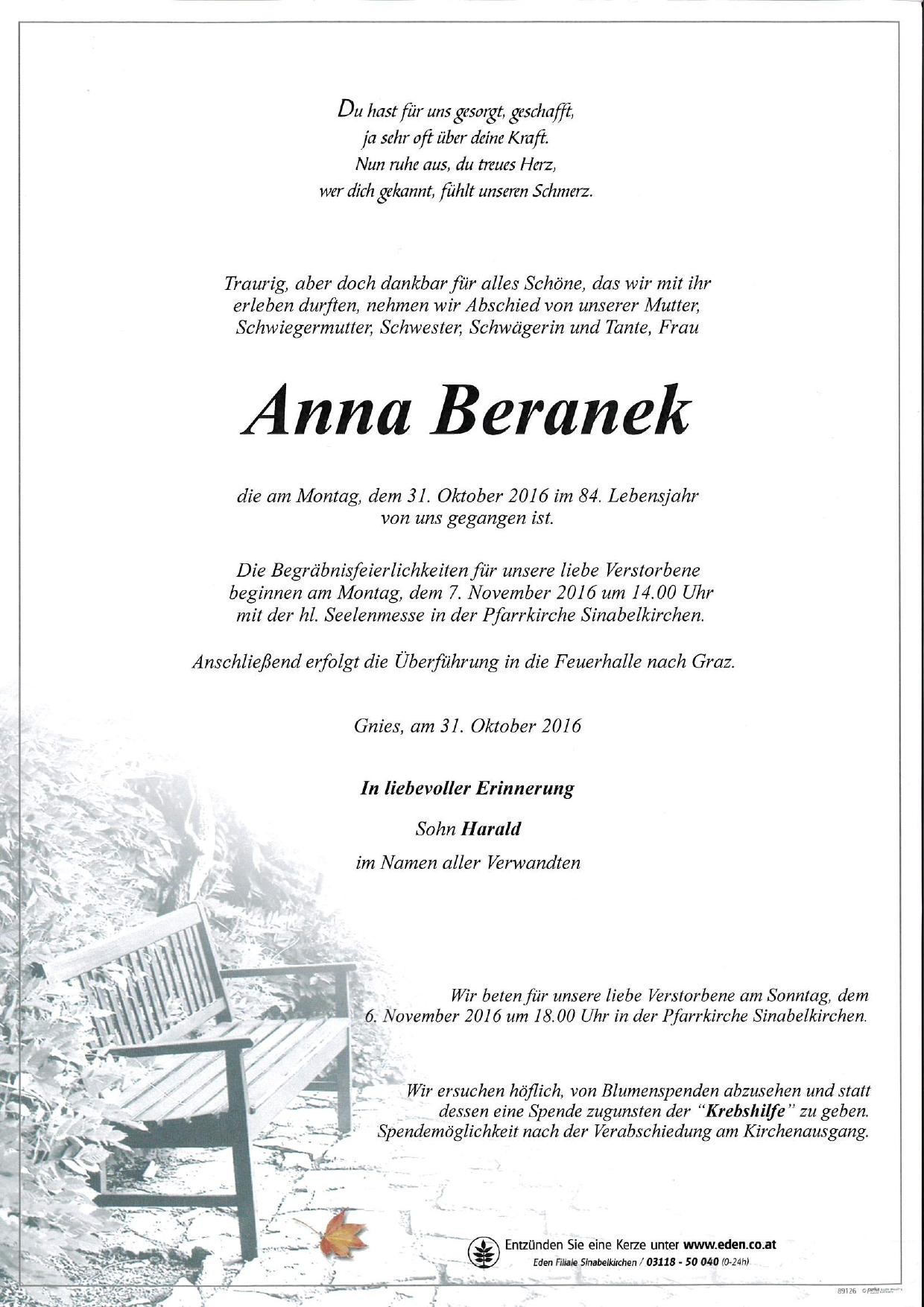 Traueranzeige von Anna Beranek
