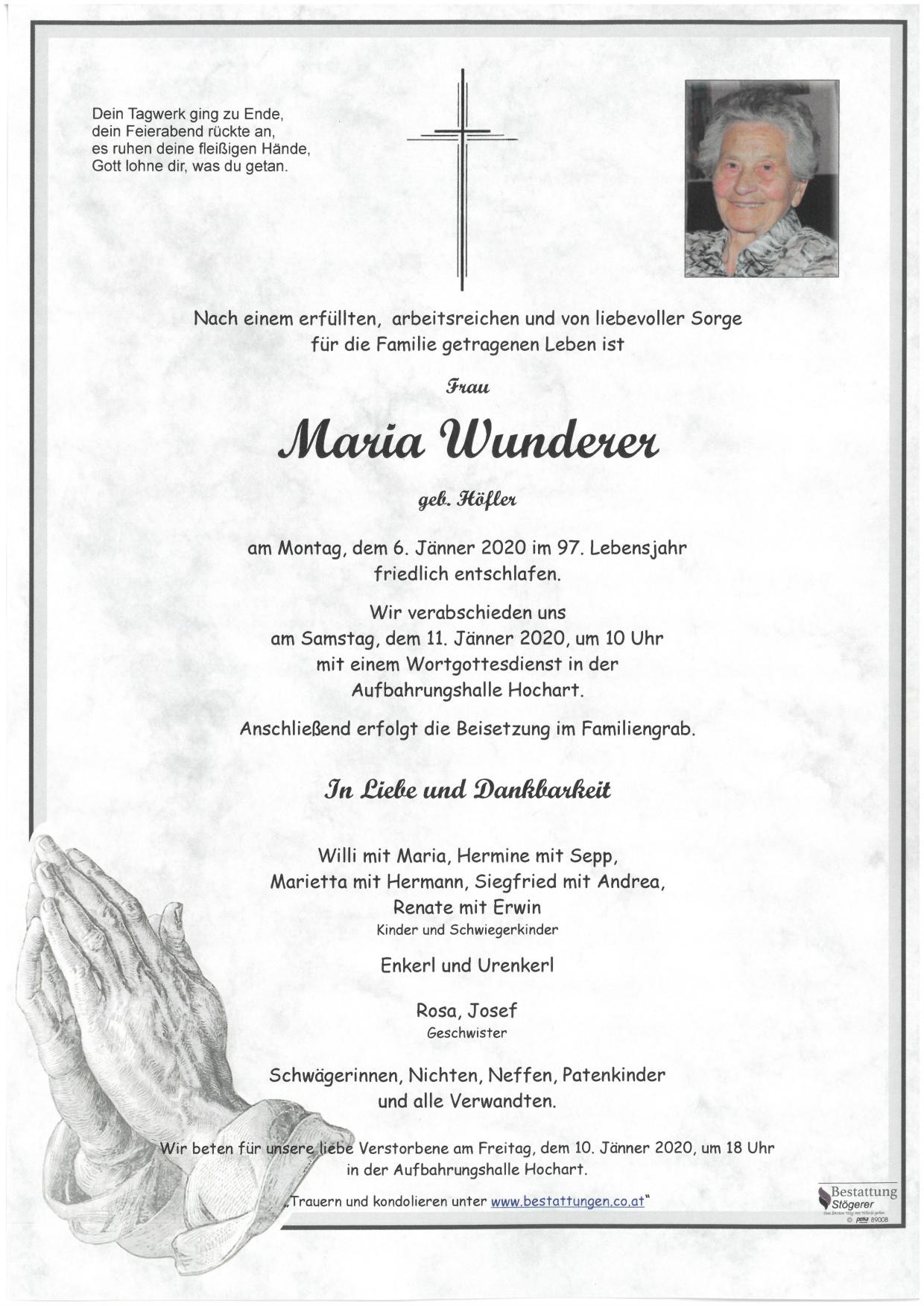 Traueranzeige von Maria Wunderer