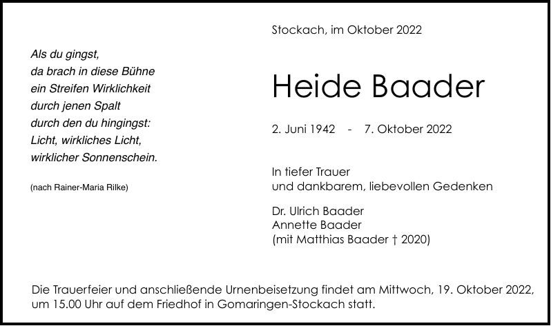 Traueranzeige von Heide Baader