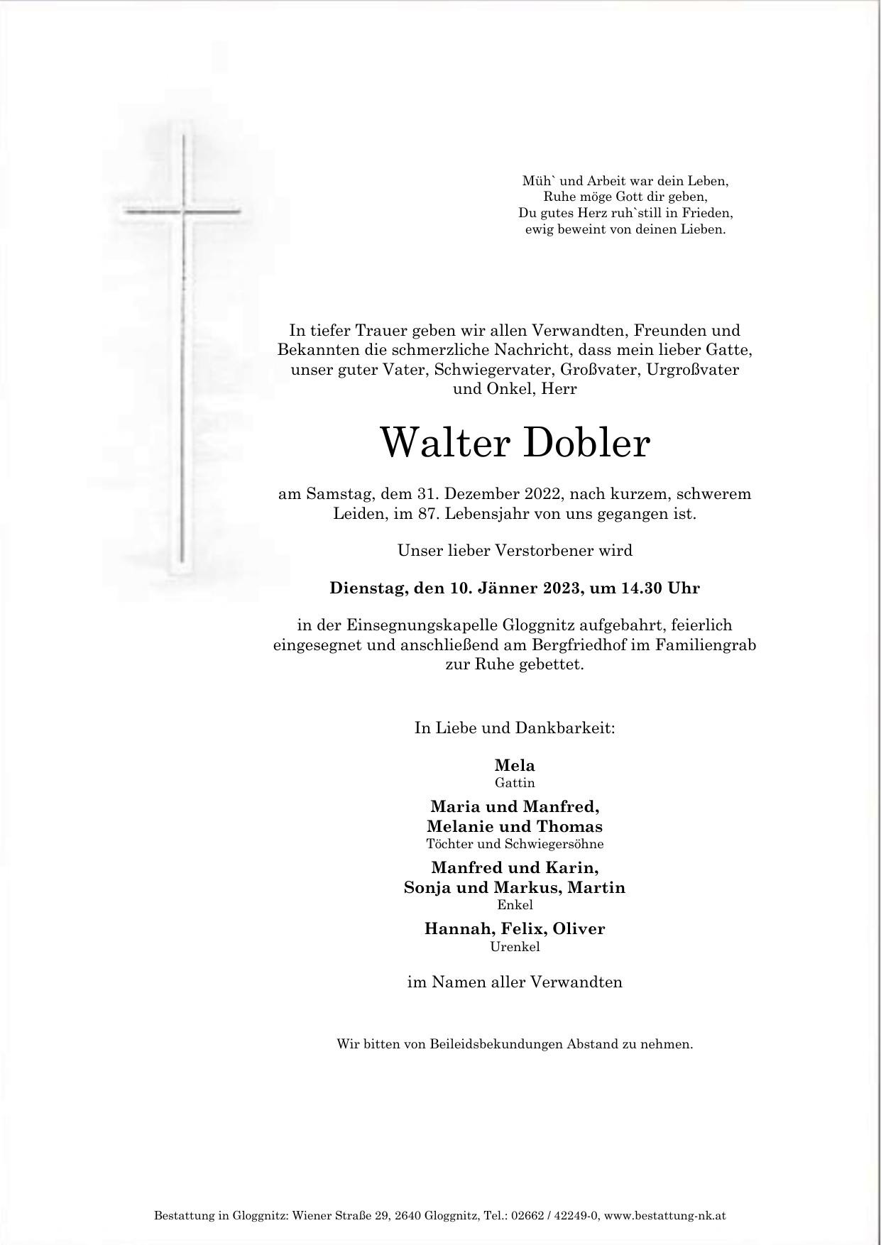 Traueranzeige von Walter Dobler